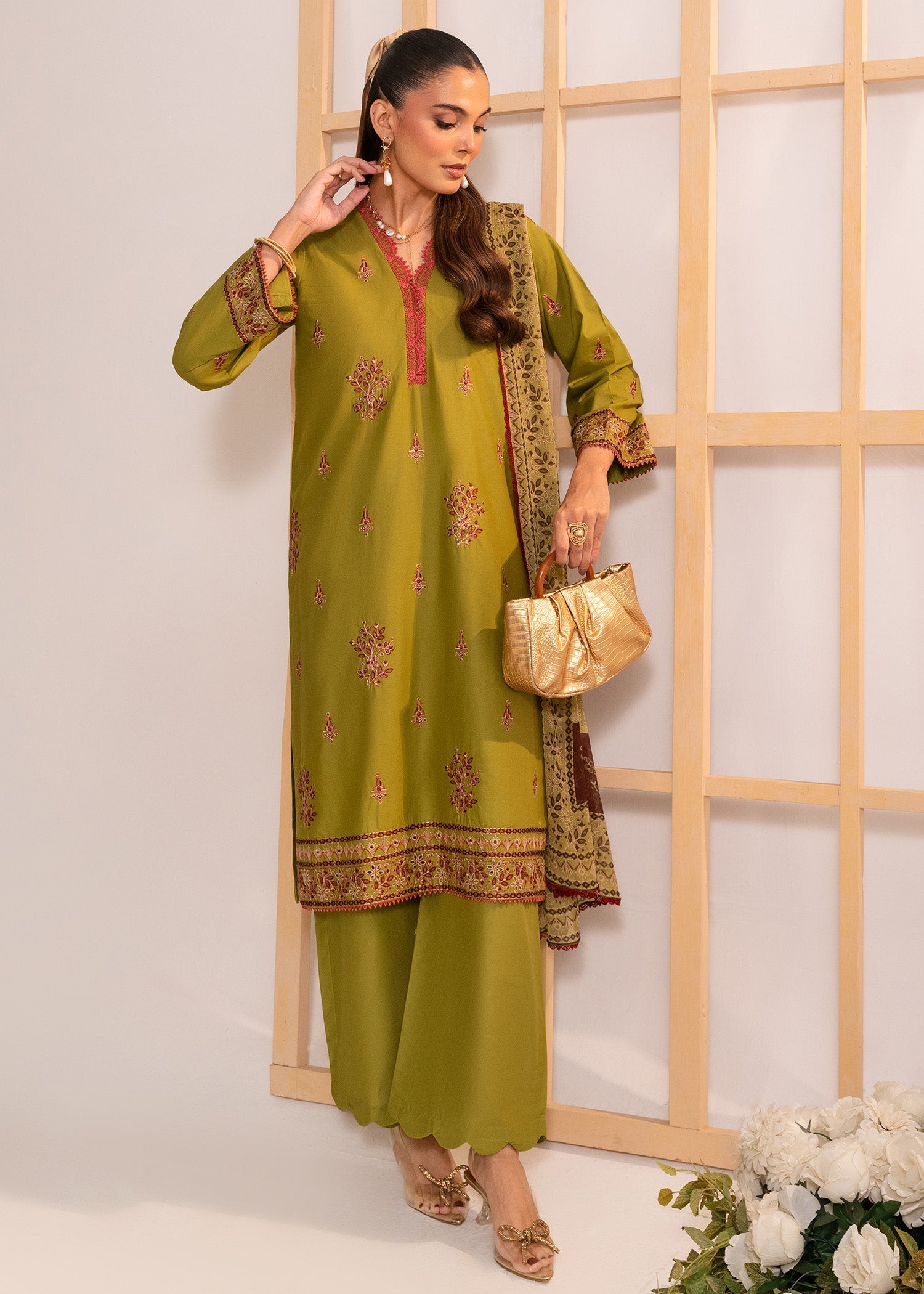 cambric cotton Kurta Set in Olive green