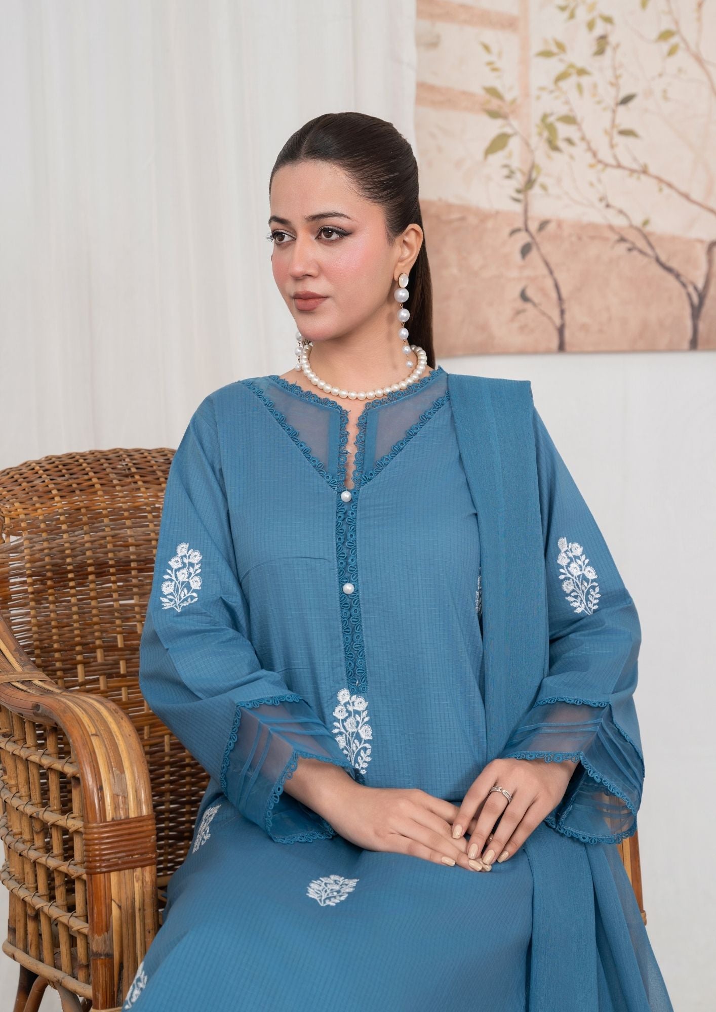 textured lawn Kurta Set in Pacific blue