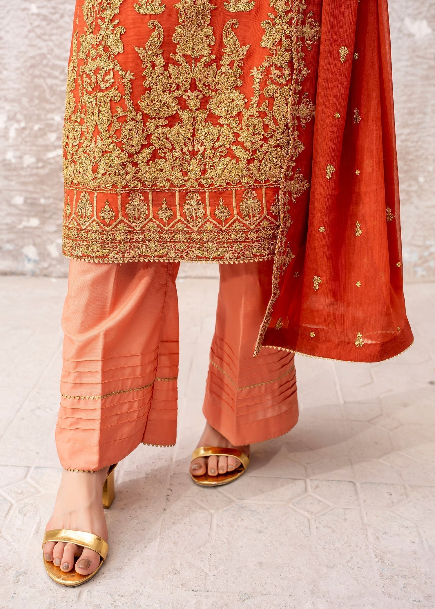 chiffon Kurta Set in Coral orange