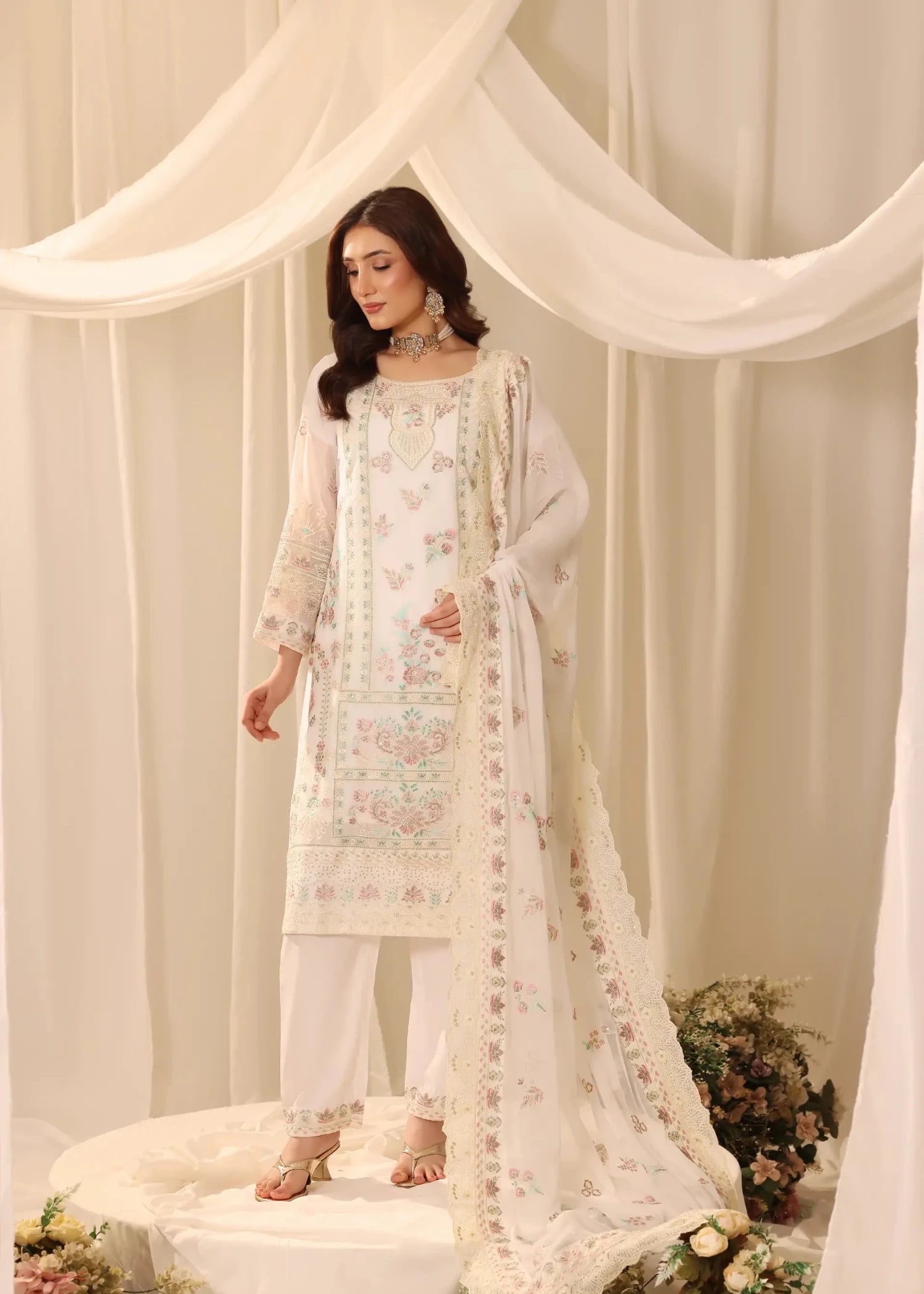 chiffon Kurta Set in Ivory