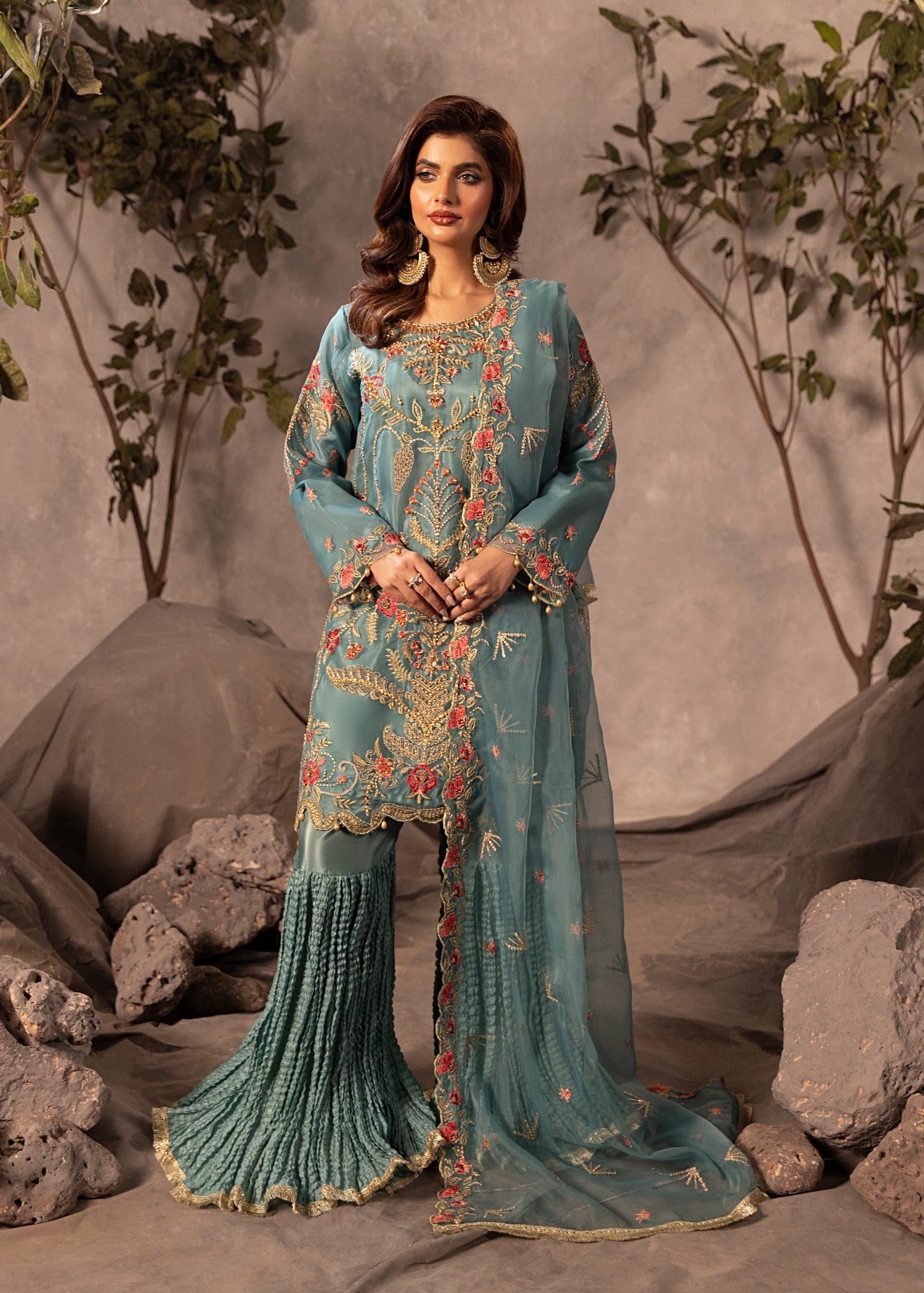 organza Gharara in Aquamarine