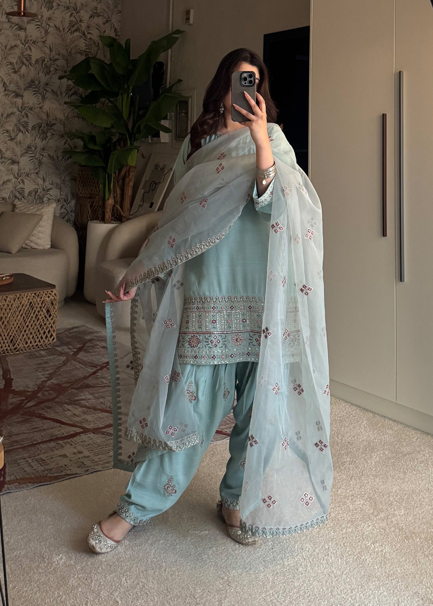 raw silk Kurta Set in Sky blue