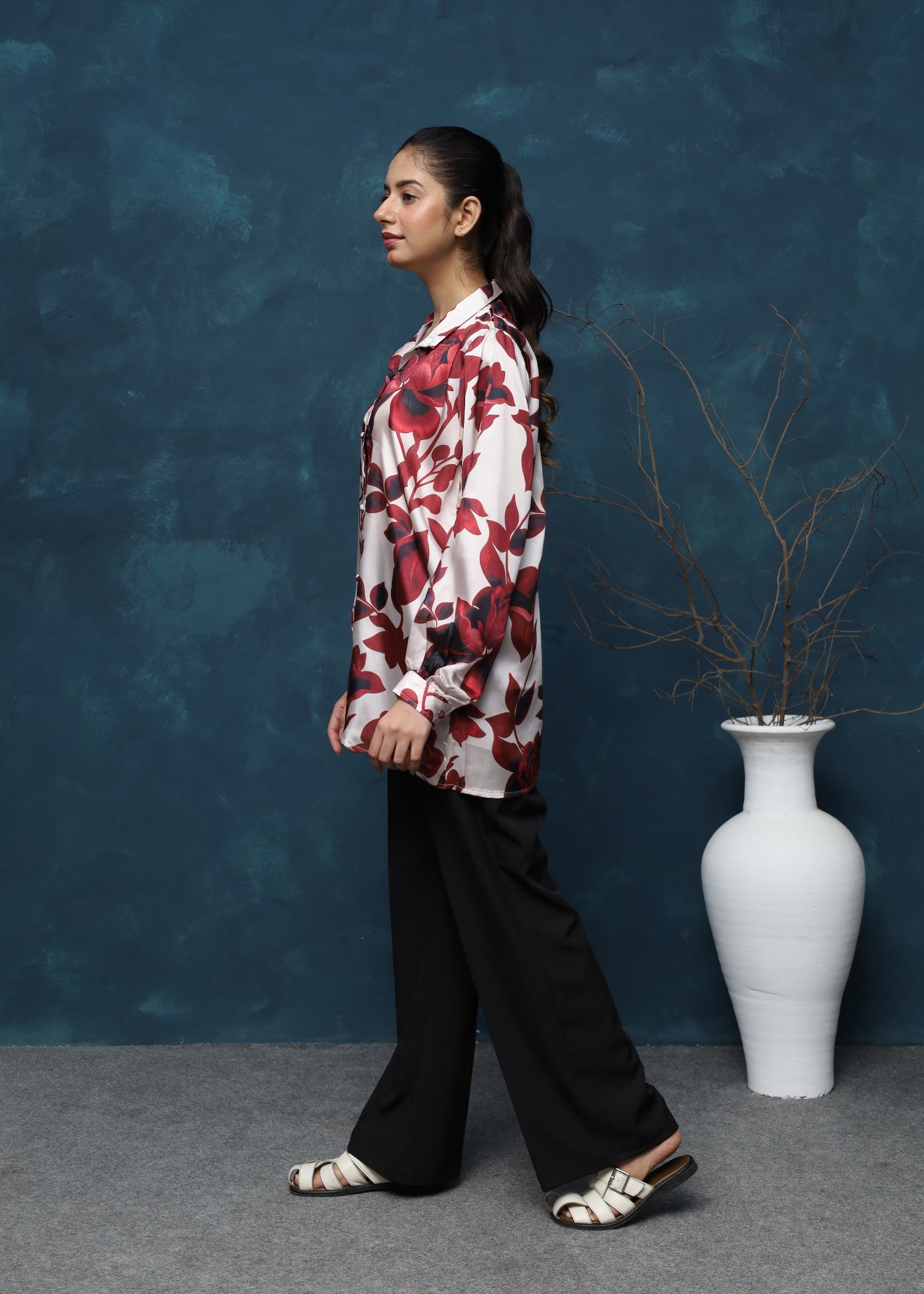 silk Top in Blood red, crimson, ivory