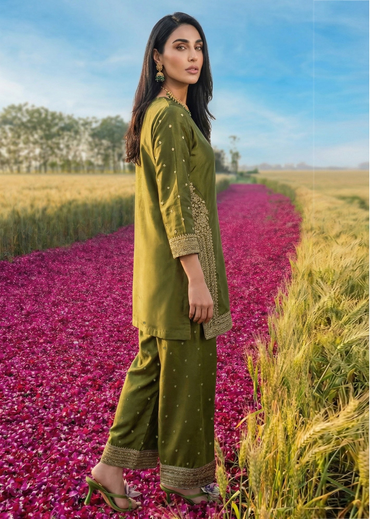 raw silk Kurta Set in Olive green