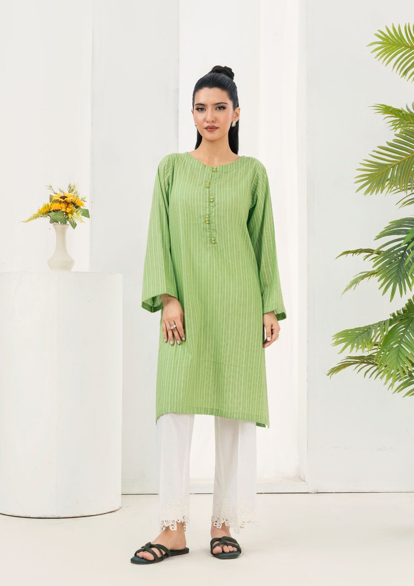 textured lawn Kurti in Herb green