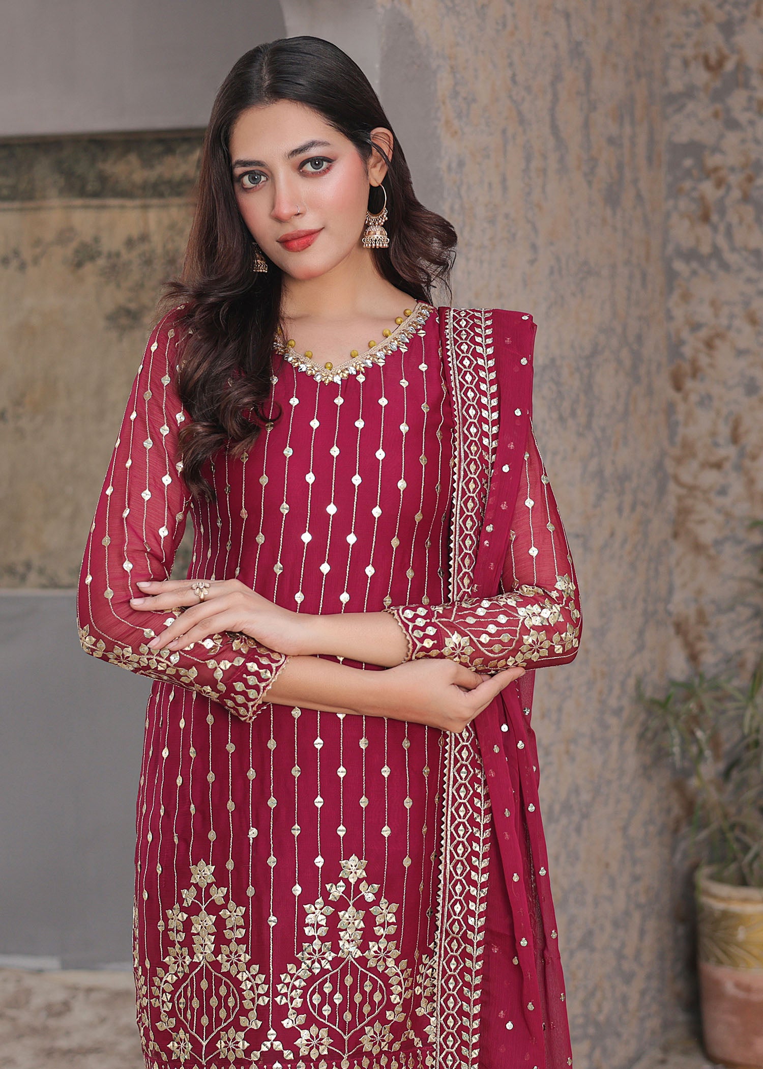 chiffon Gharara in Maroon