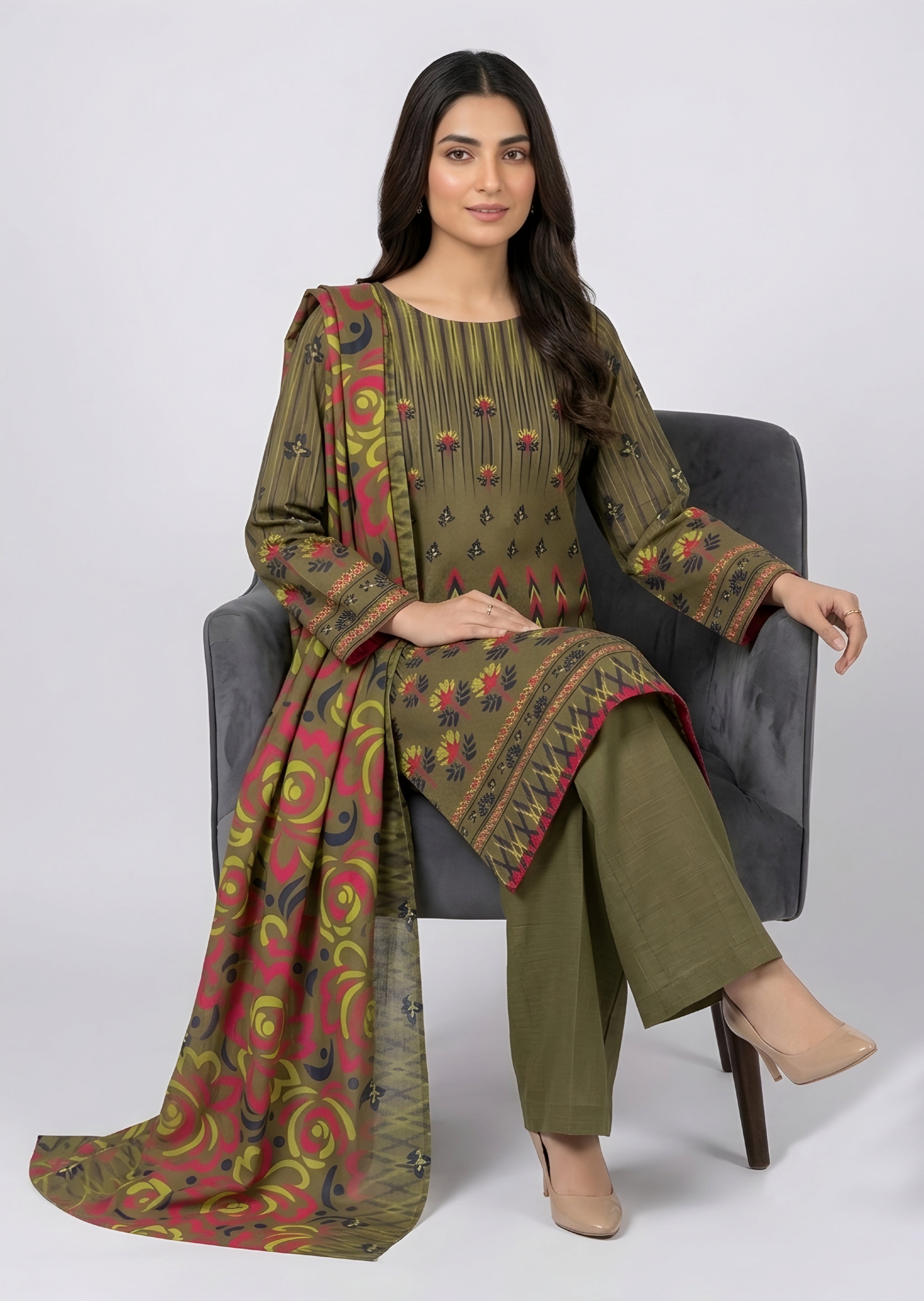 khaddar Unstitched in Army green
