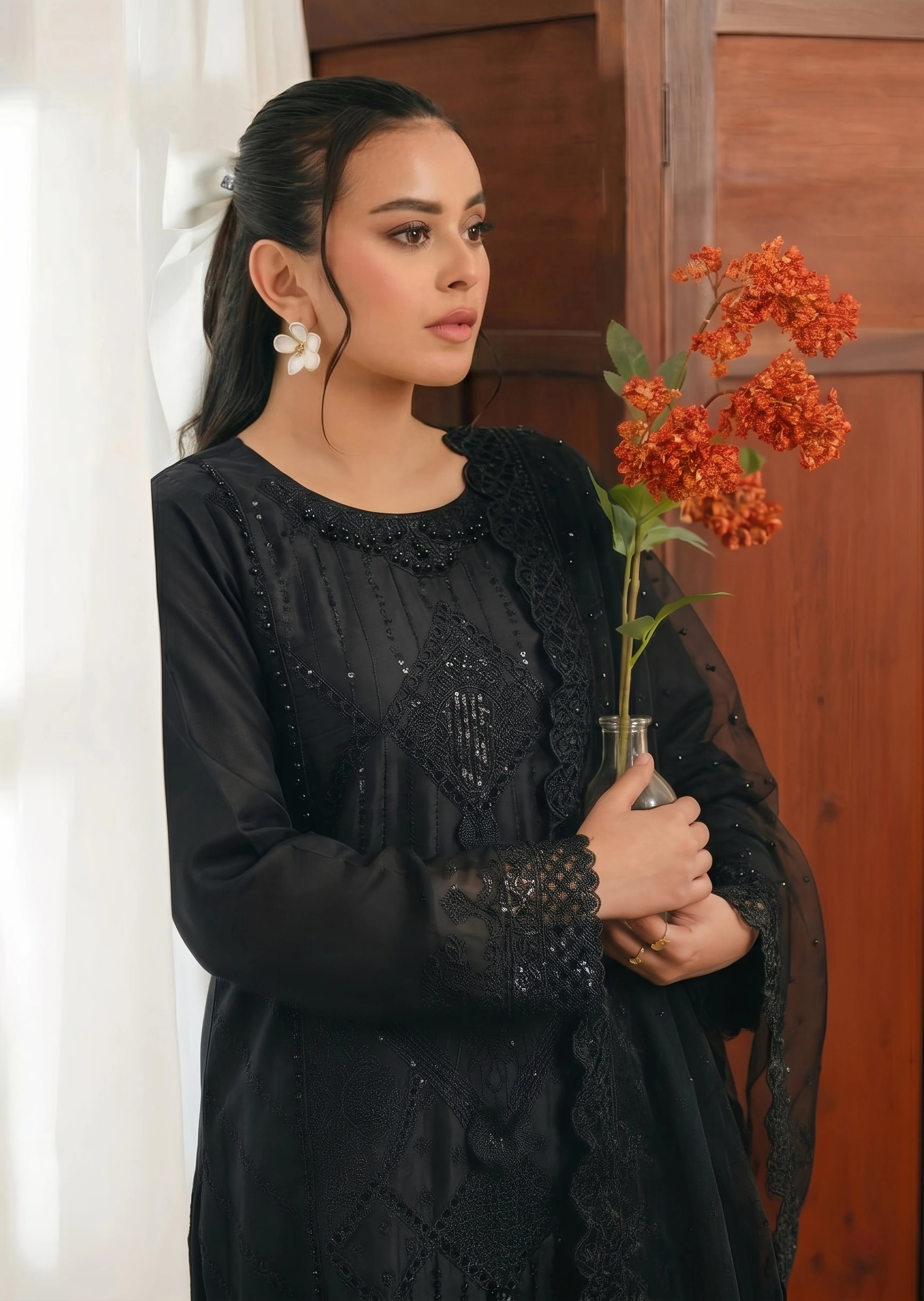 organza Kurta Set in Jet black
