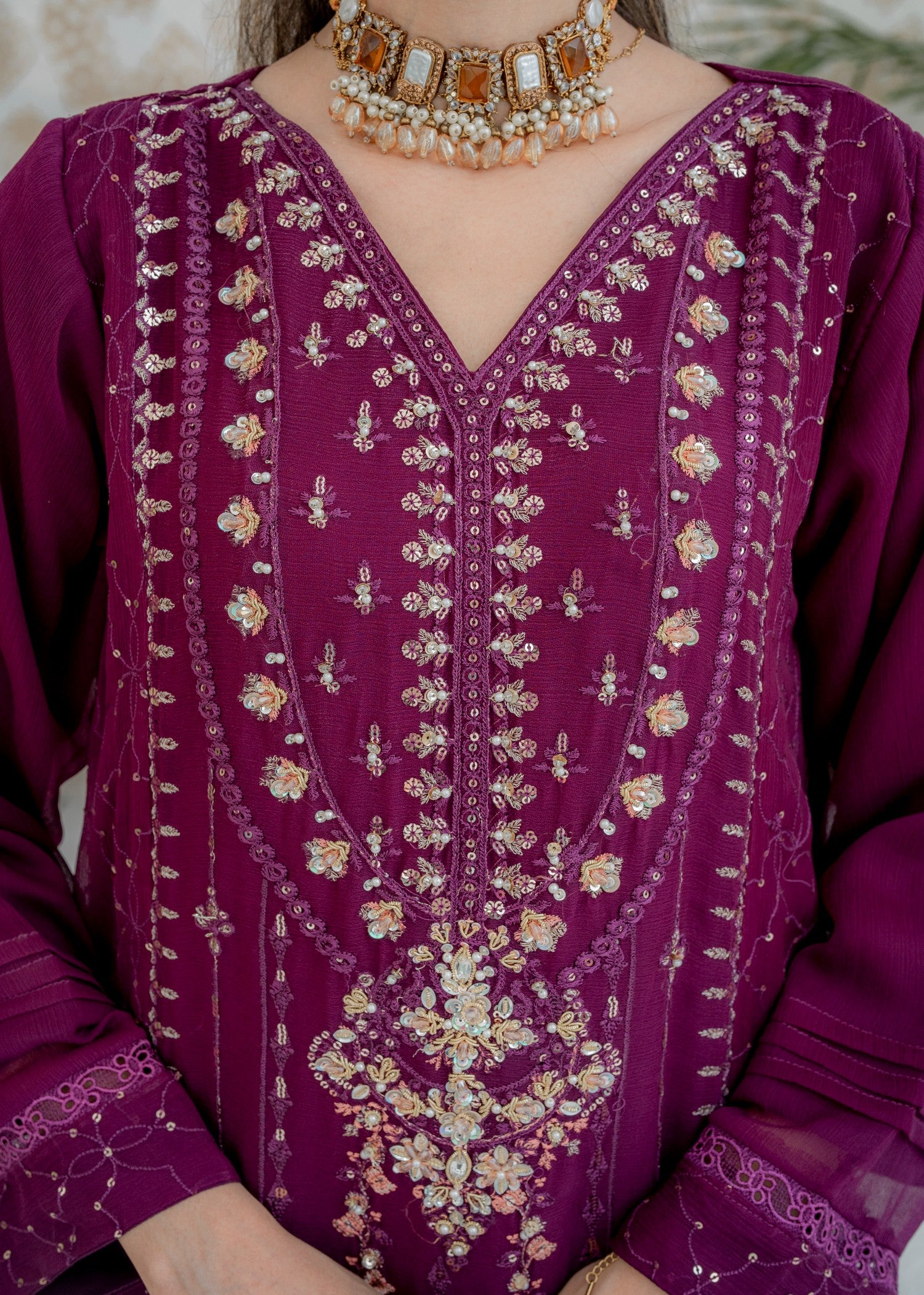 chiffon Kurta Set in Deep purple