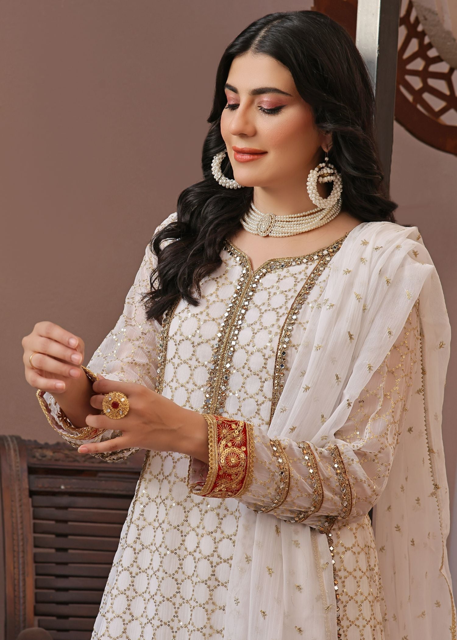 chiffon Anarkali in Pearl white