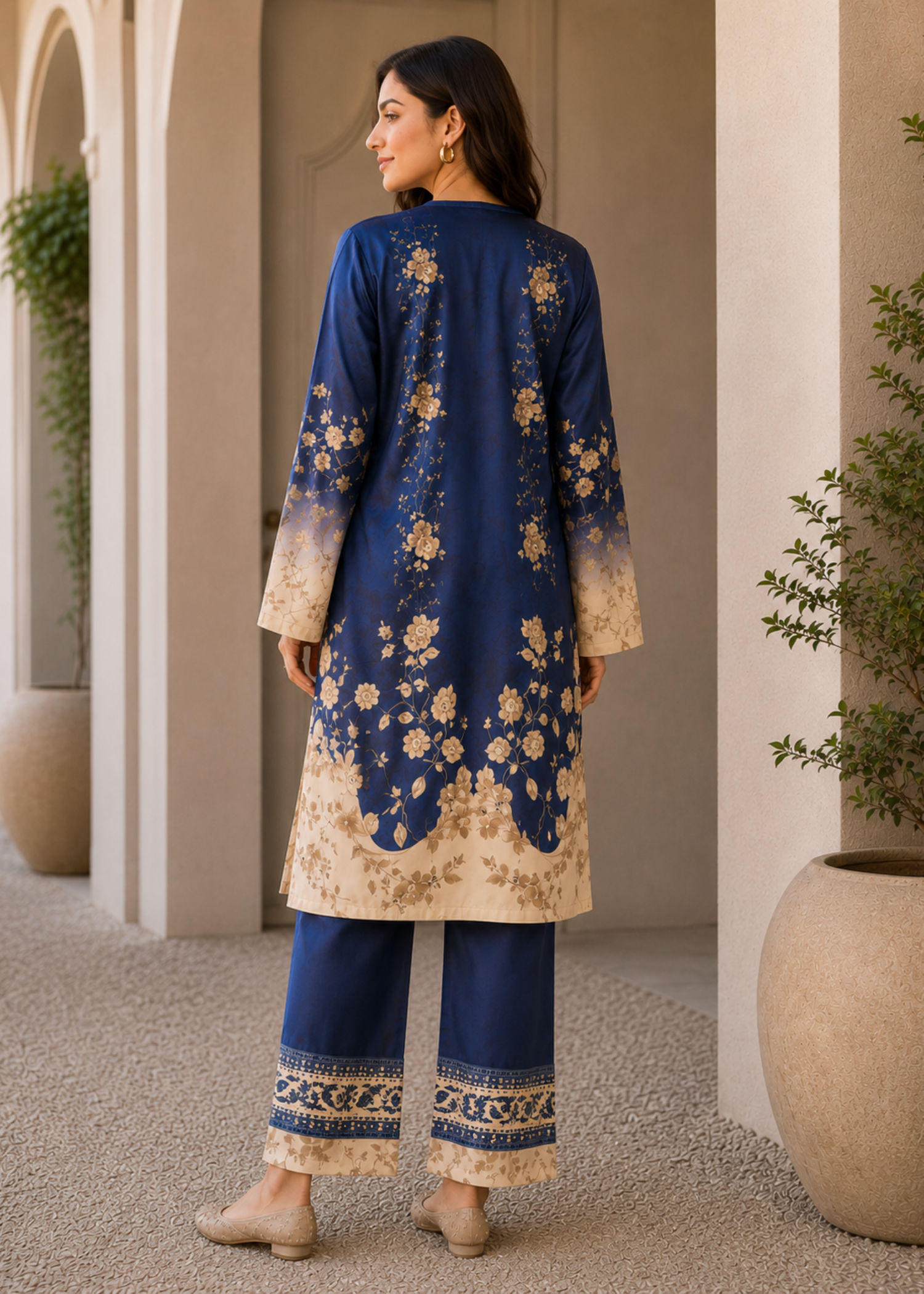 poly lawn Co Ord Sets in Cream, blue