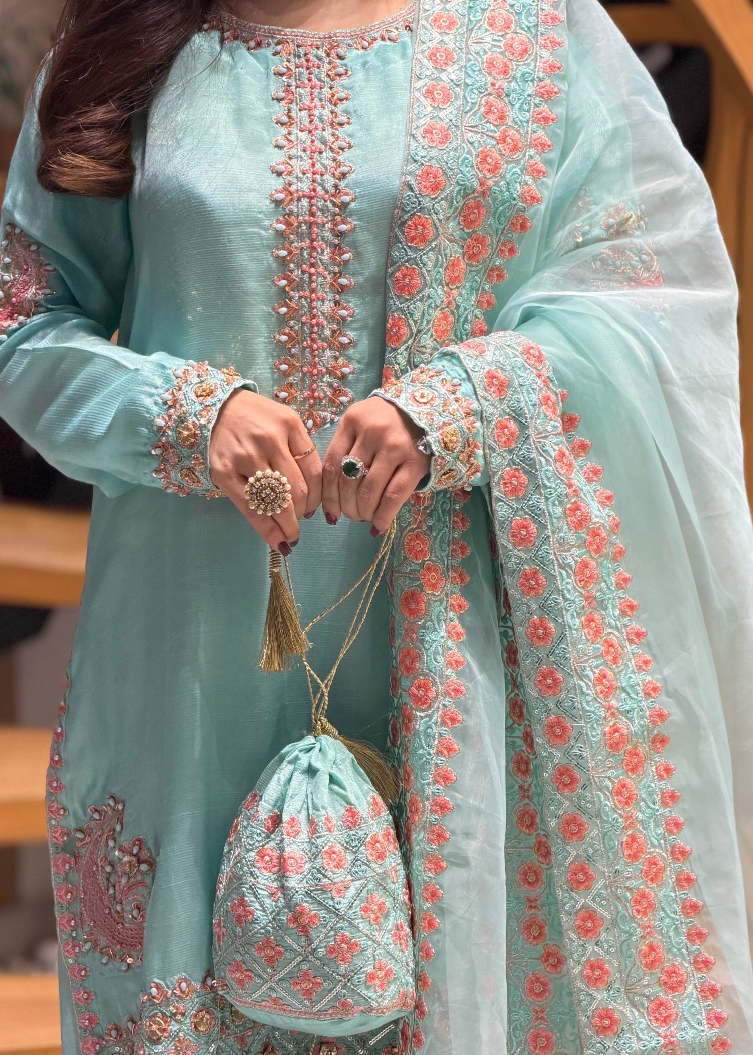 silk Kurta Set in Turquoise