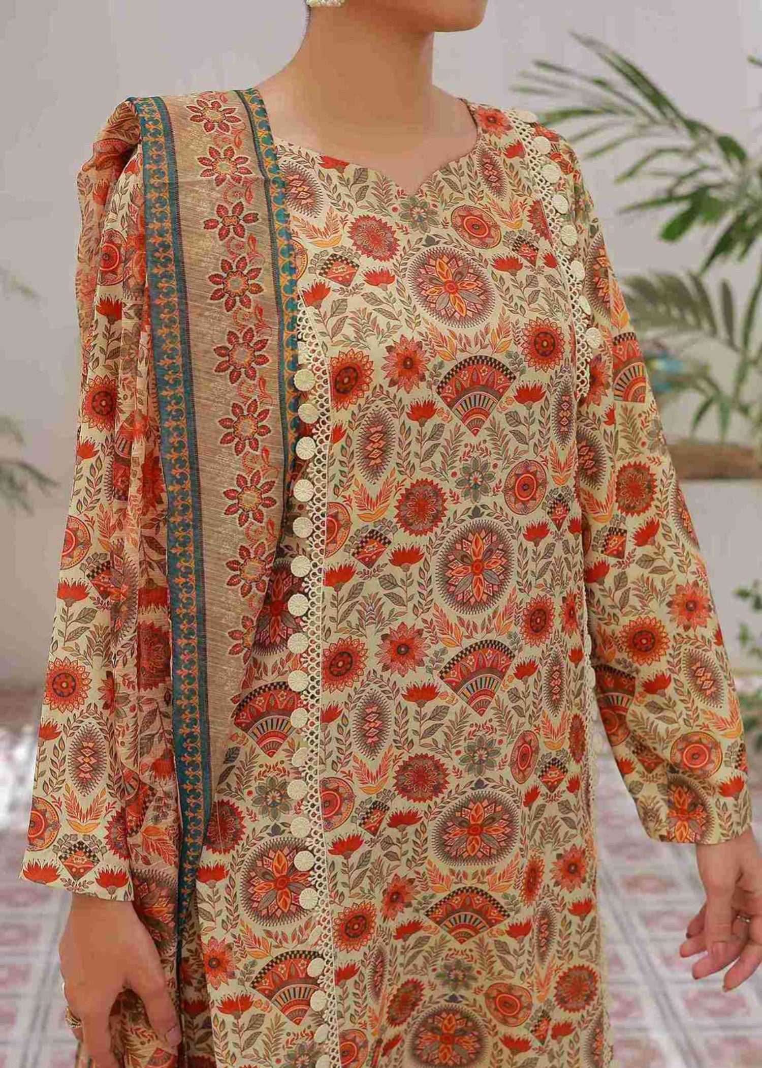 swiss lawn Kurta Set in Peach orange