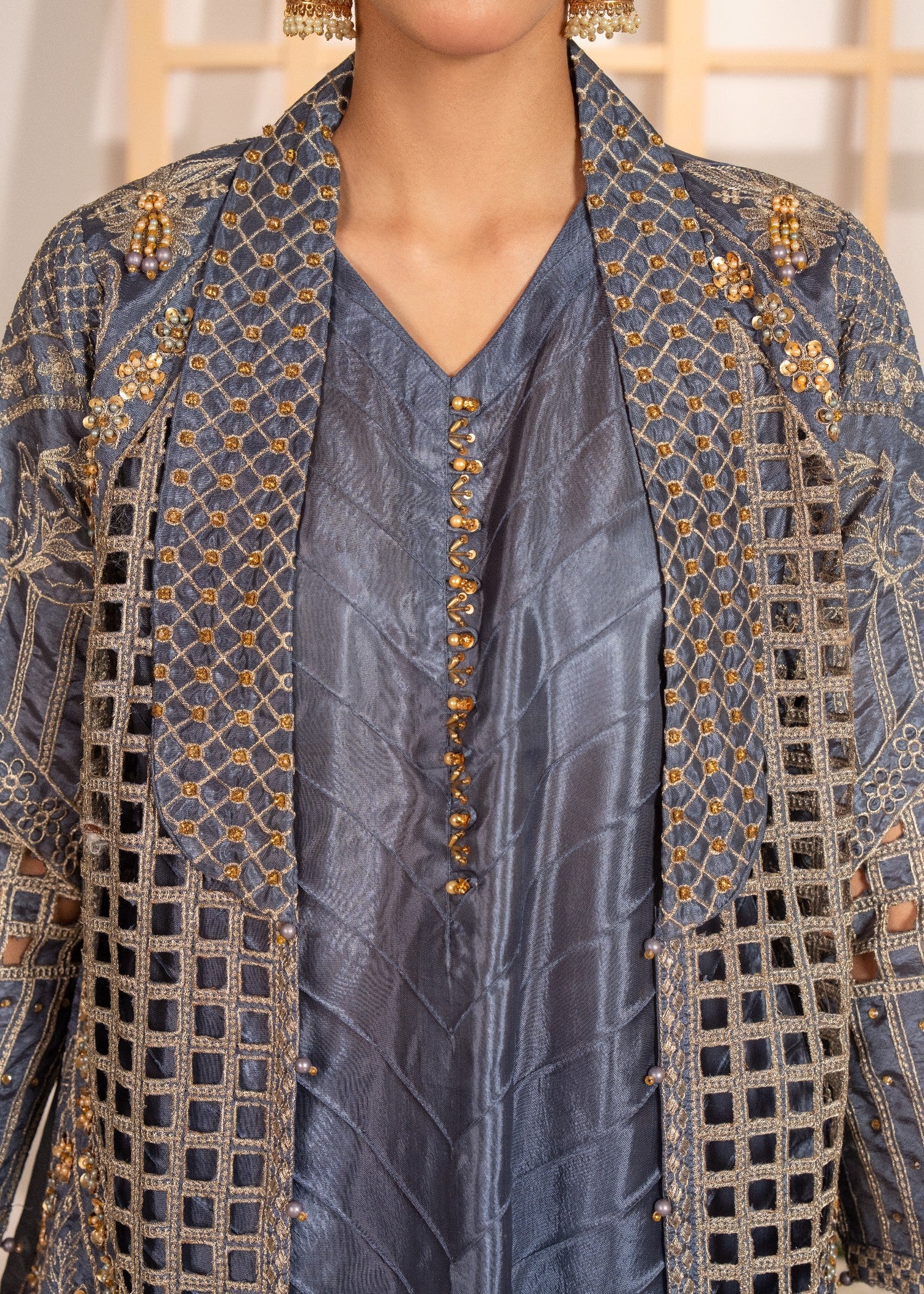 raw silk Gown in Slate grey