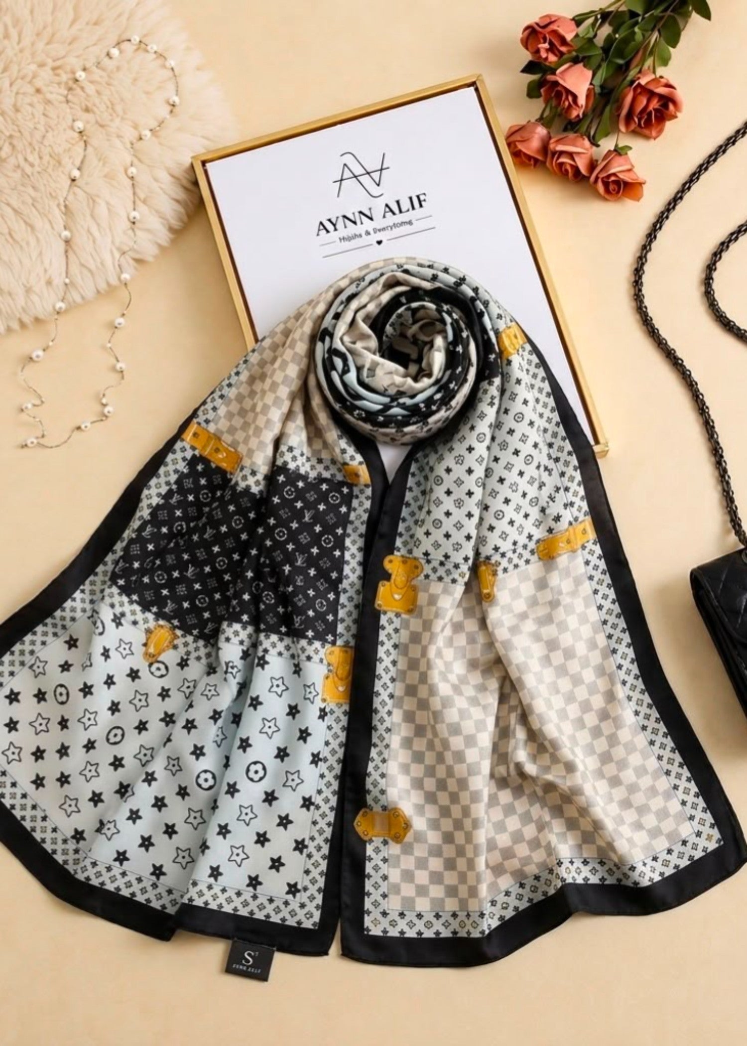 silk Hijab in Off-white, black