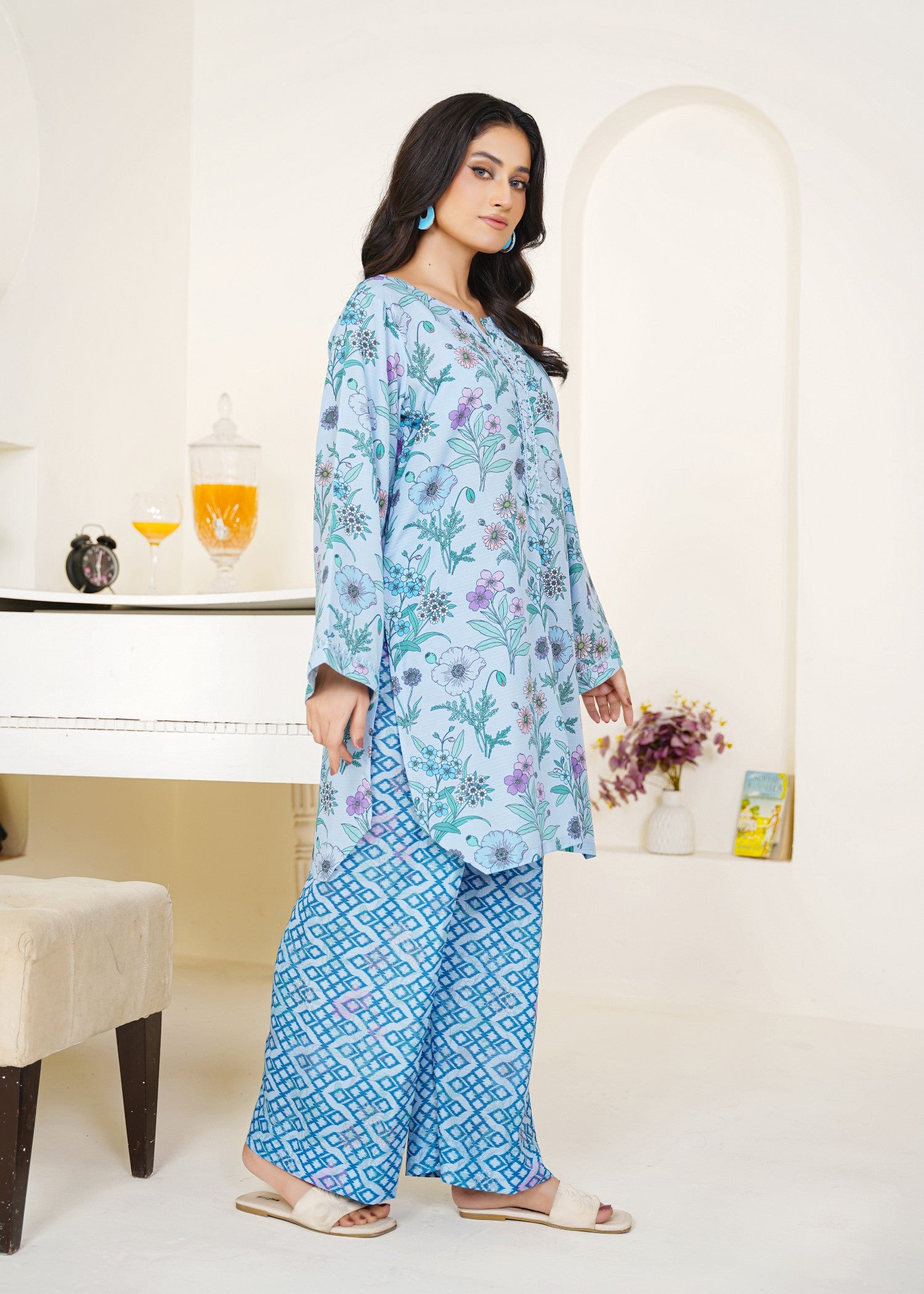 slub cambric Kurta Set in Sky blue