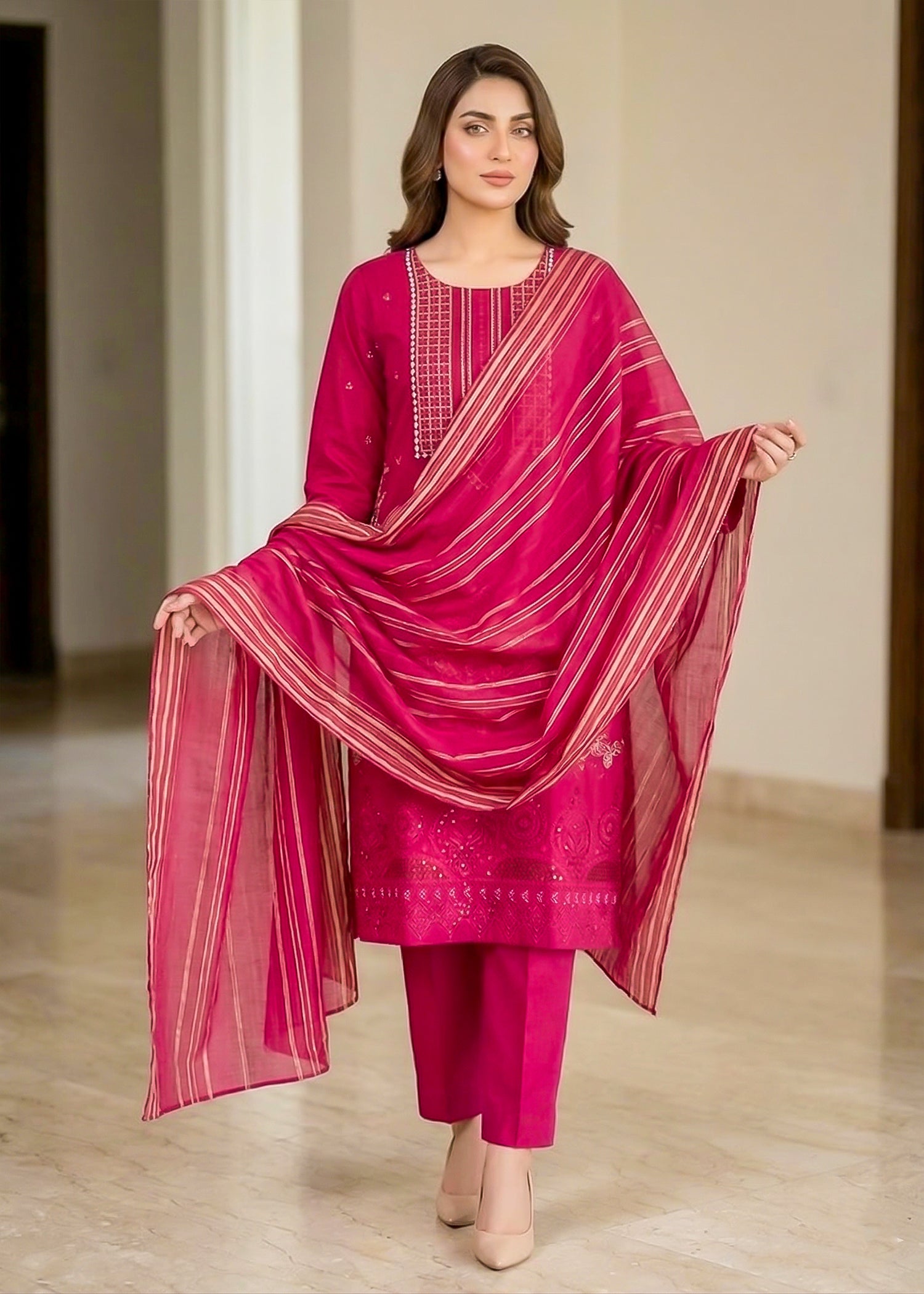 lawn Kurta Set in Shocking pink