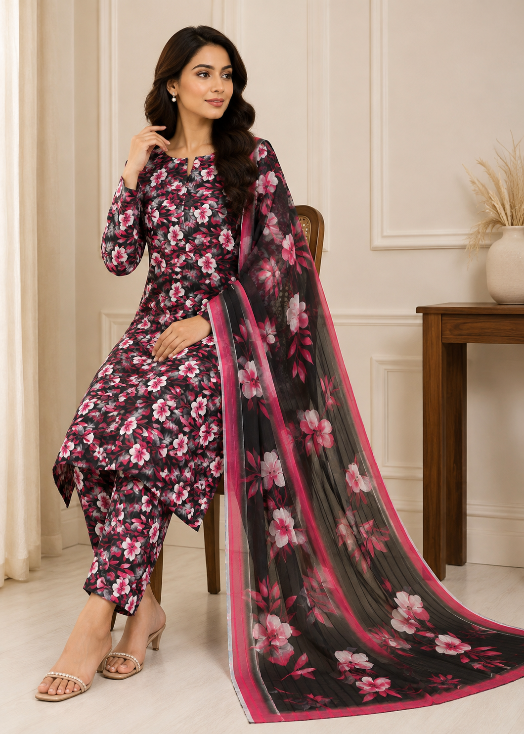 swiss lawn Unstitched in Black, hot pink
