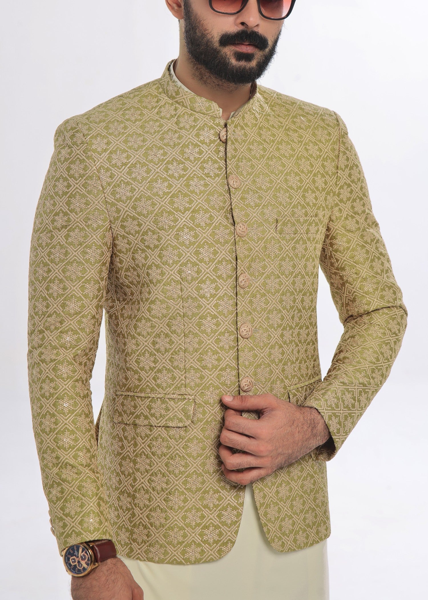 raw silk Prince Coat in Apple green