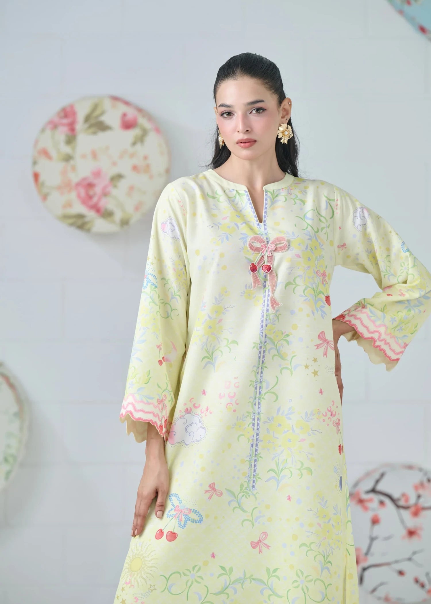 raw silk Kaftan in Light yellow