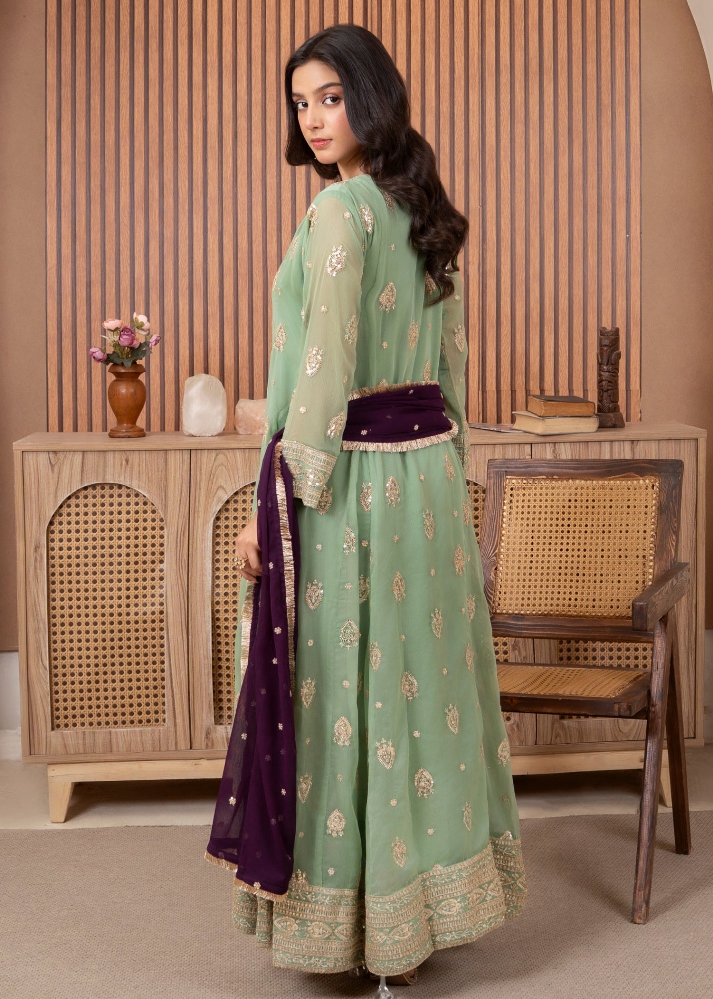chiffon Pishwas in Pastel green