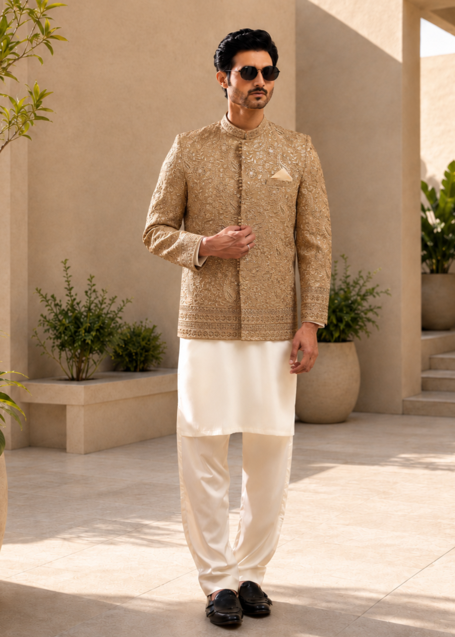 jamawar Prince Coat in Tan brown