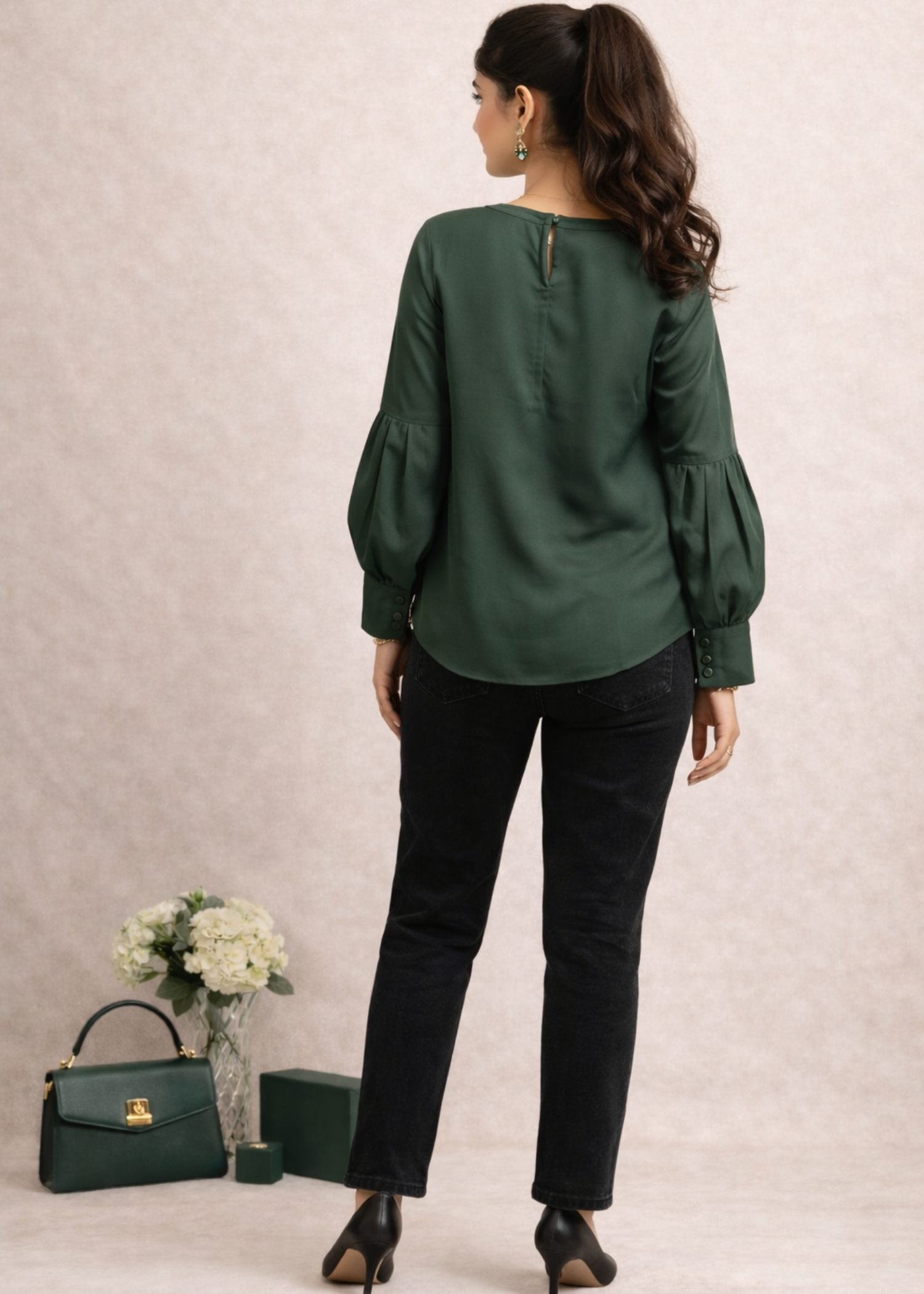 satin polyester Top in Bottle green