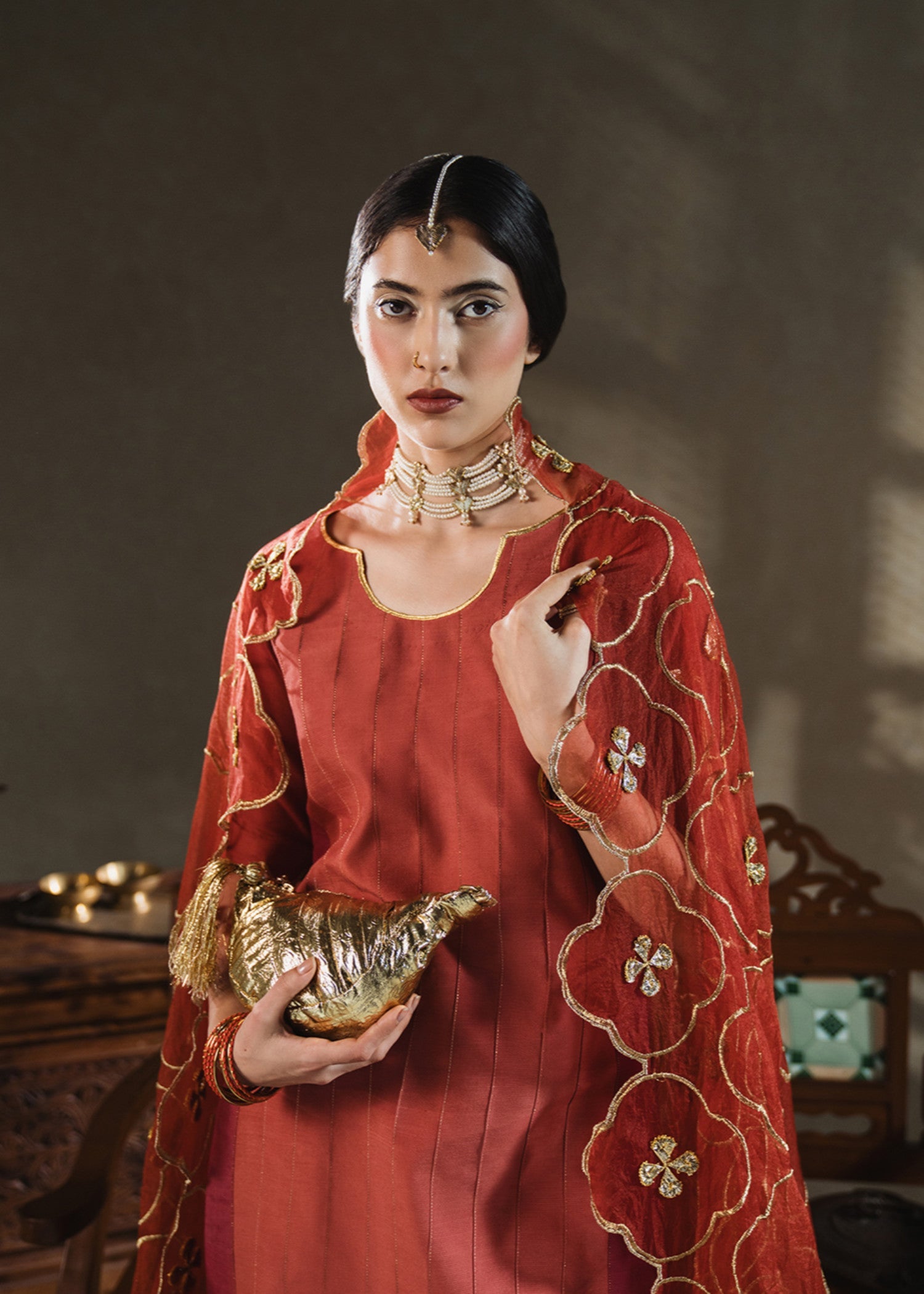 raw silk Kurta Set in Coral red
