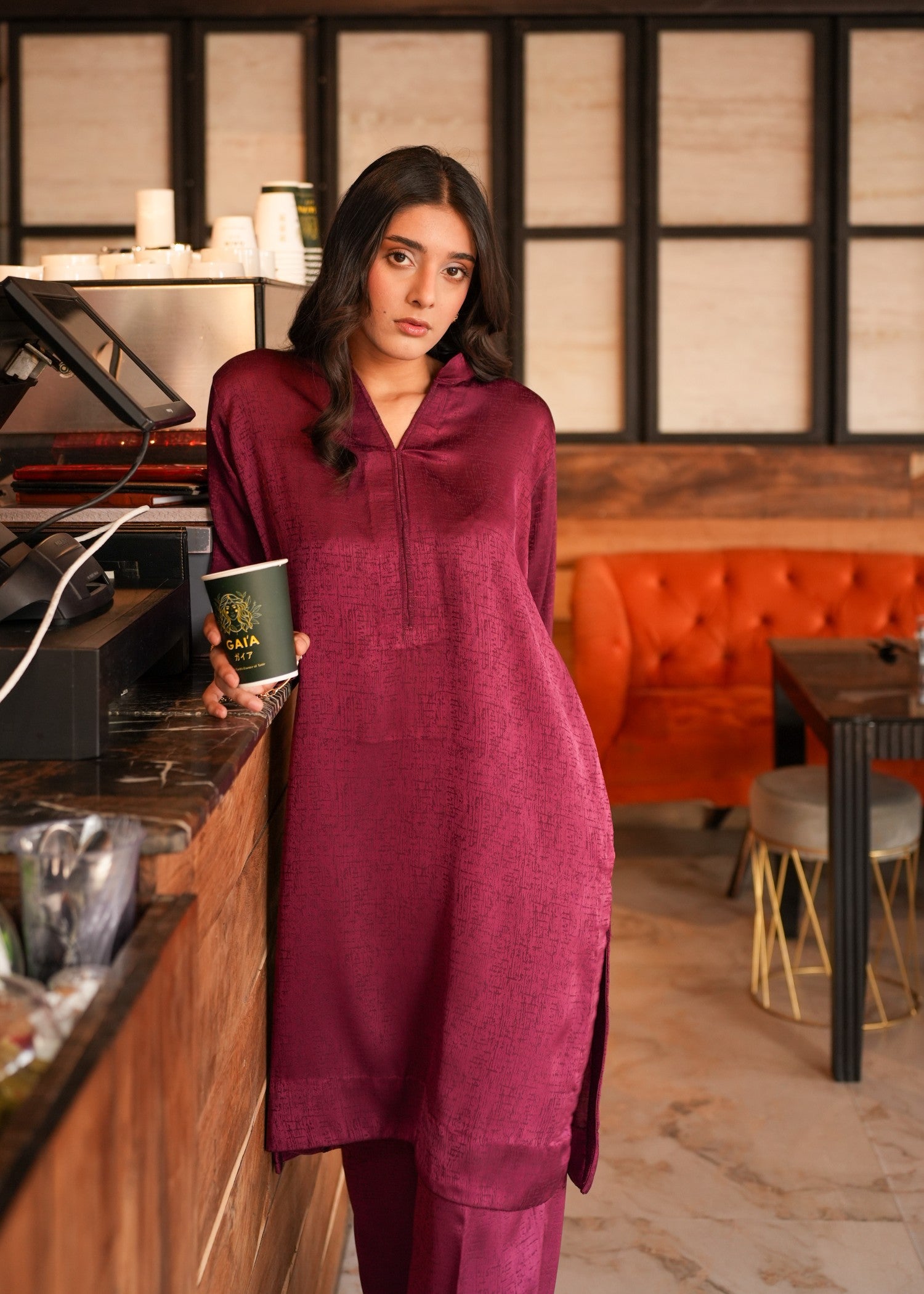 silk Co Ord Sets in Burgundy