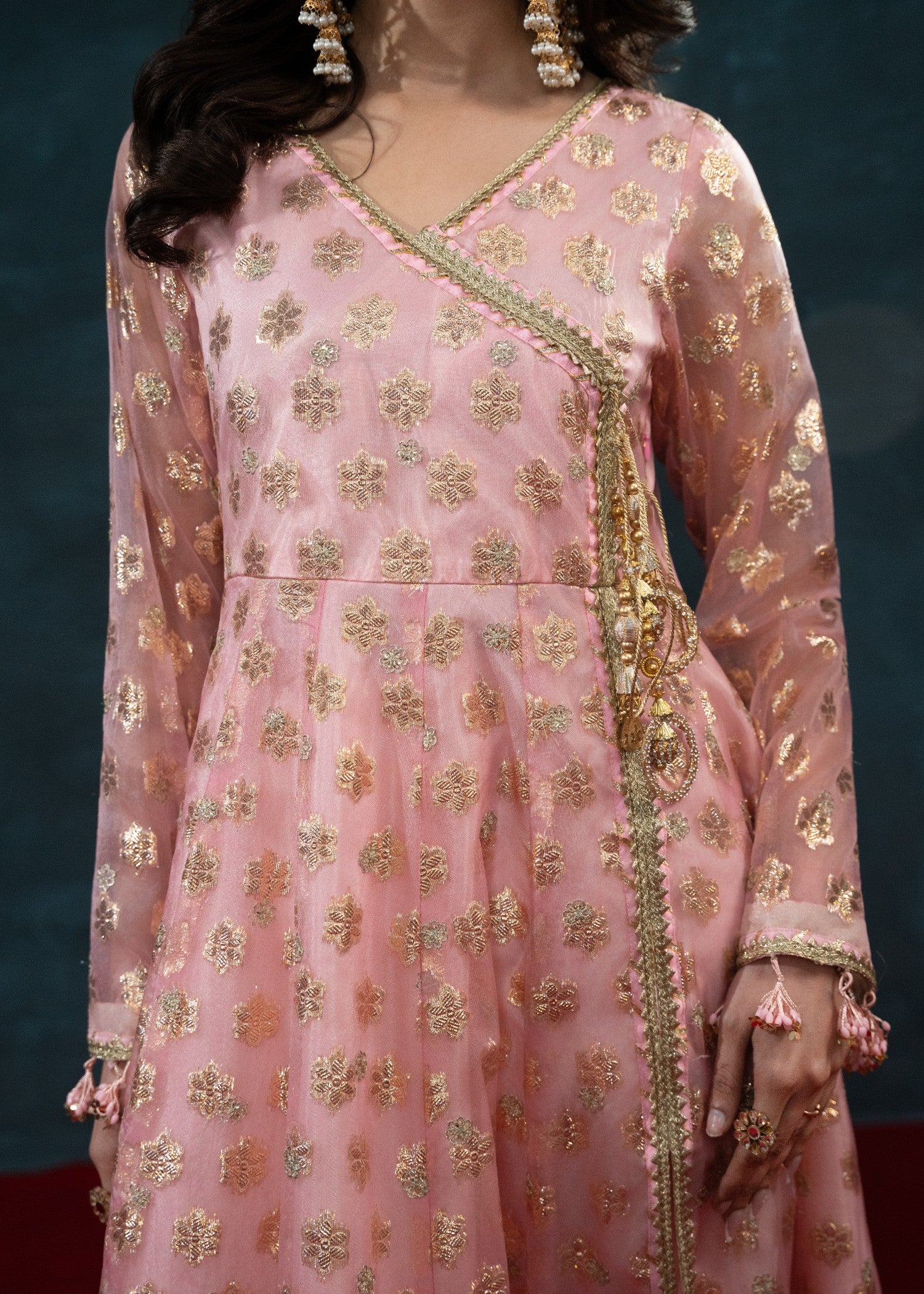 zari tissue Angrakha in Peach pink