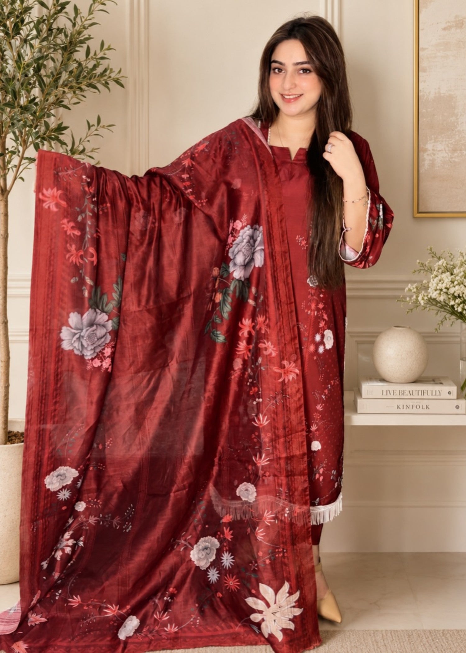 poly lawn Co Ord Sets in Blood red, multi