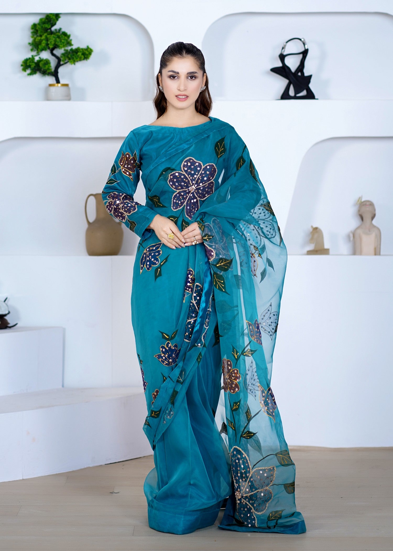 poly organza Saree in Teal