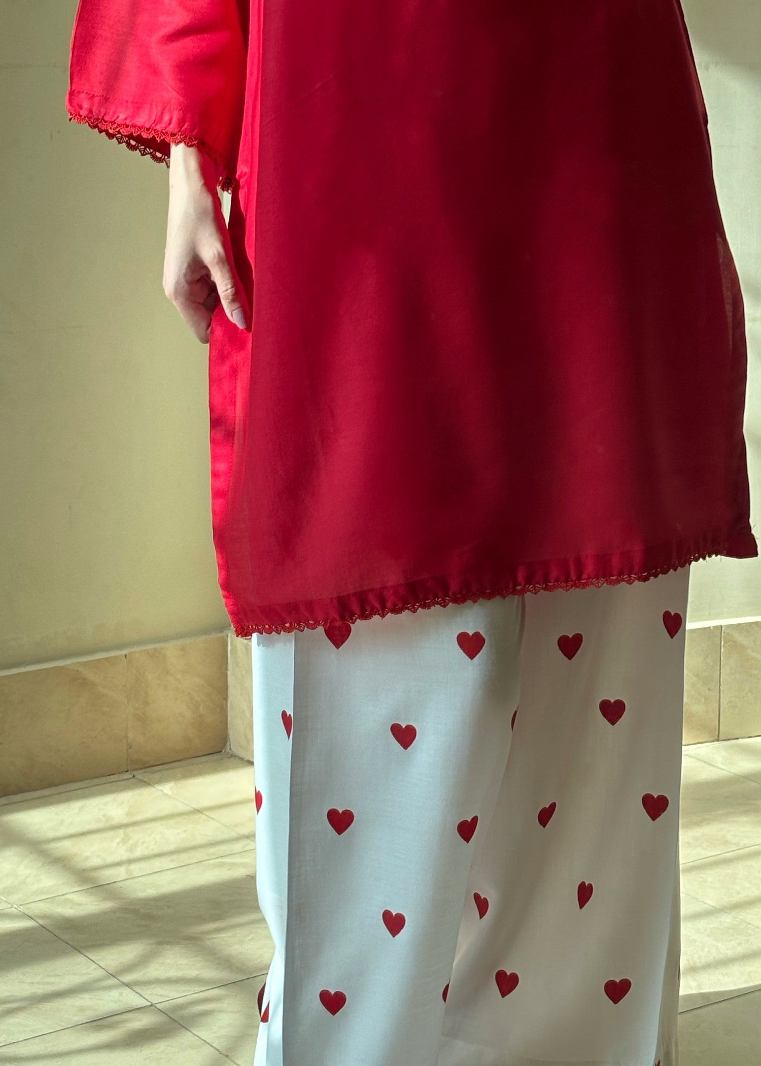 arabic lawn Kurta Set in Red