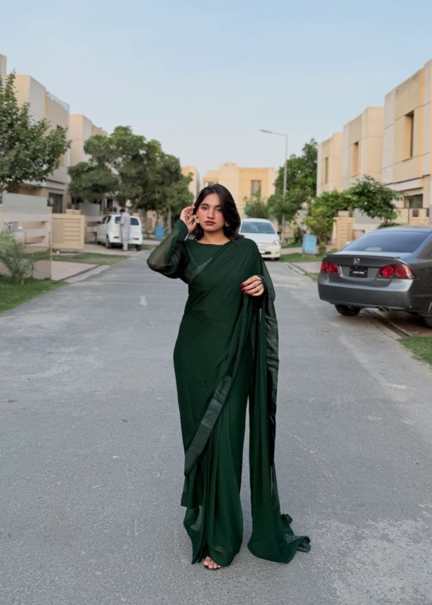 chiffon Saree in Bottle green