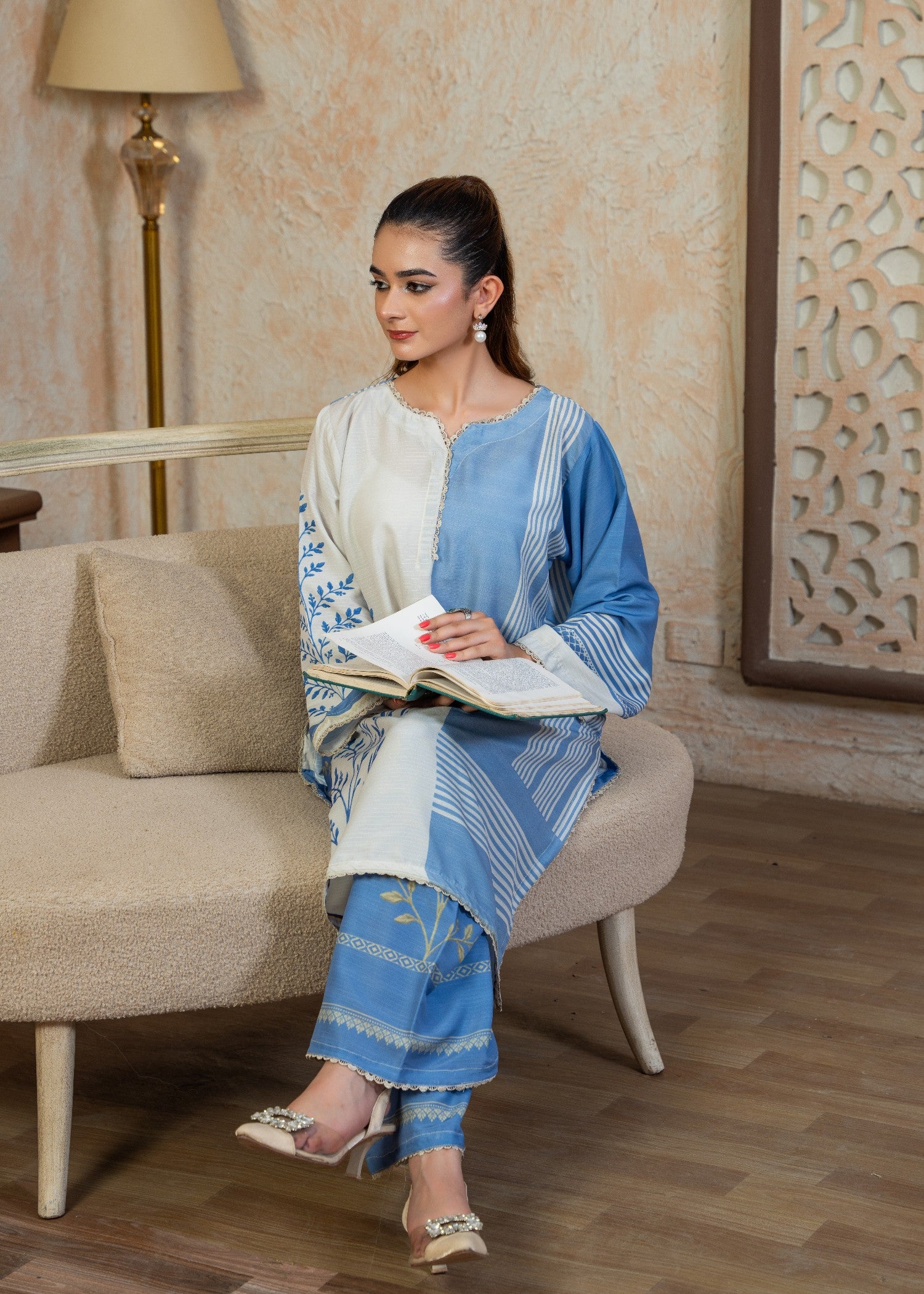 poly viscose Kurta Set in White, blue lagoon