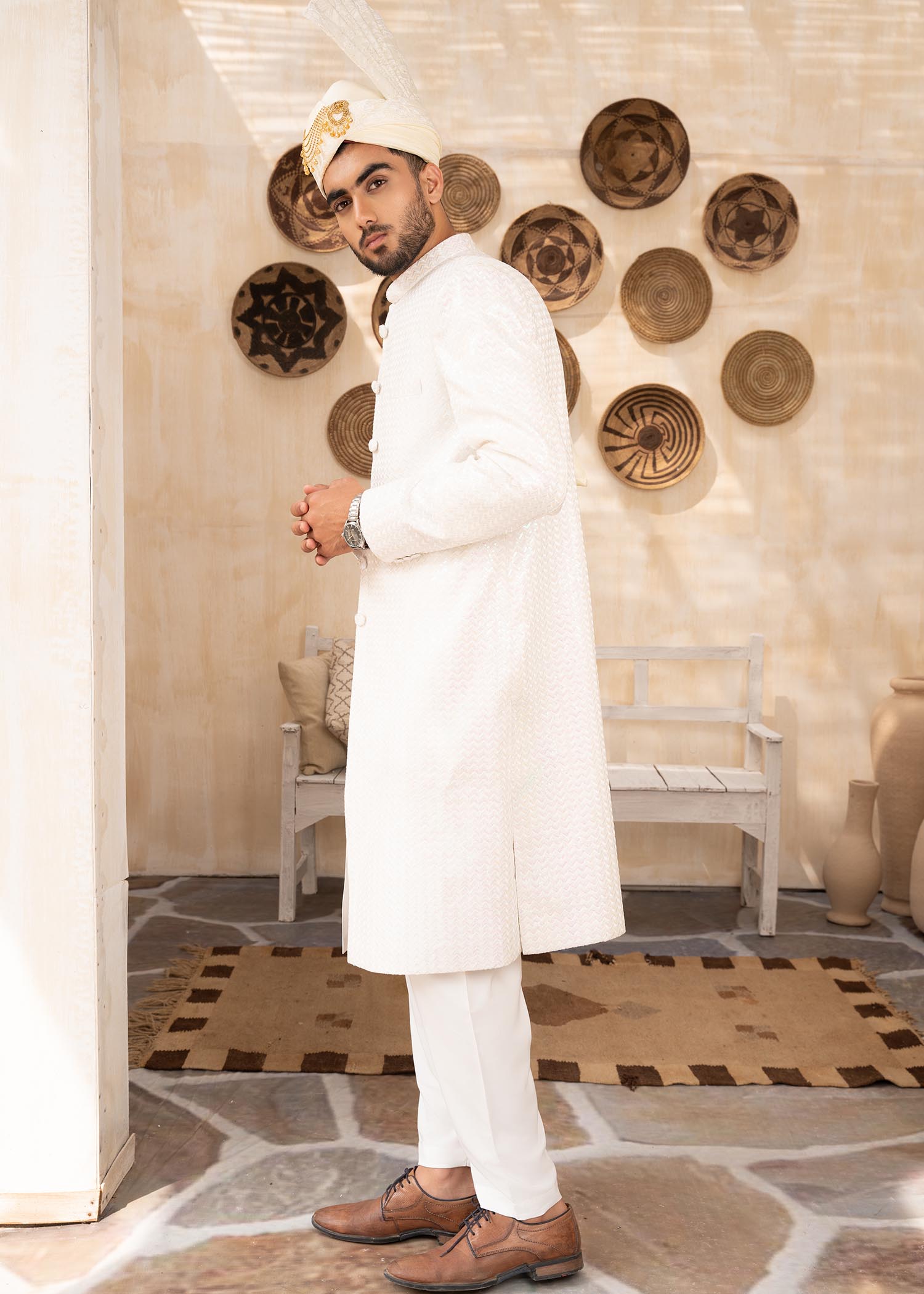 jamawar Sherwani in White