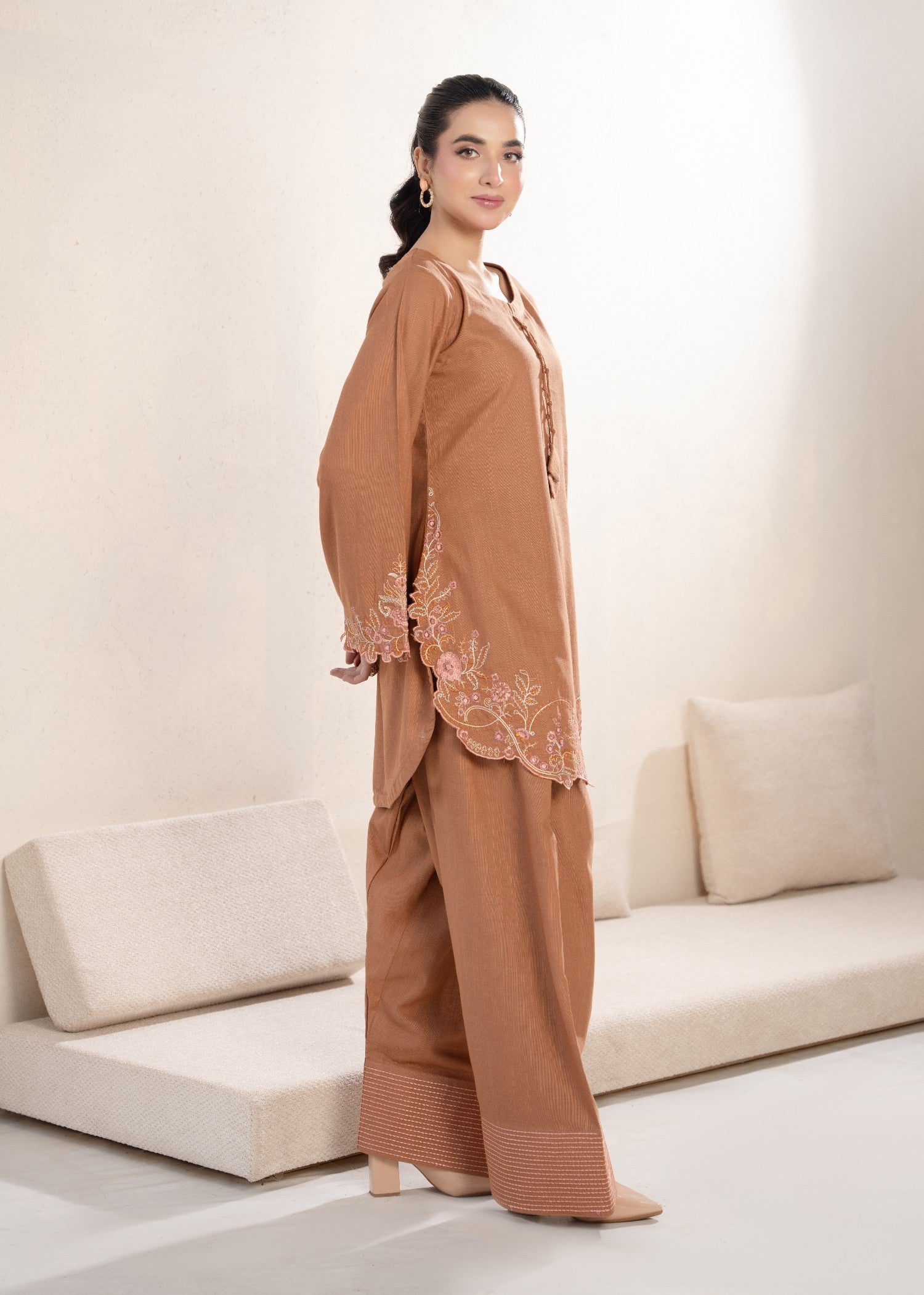 linen Kurta Set in Sand brown