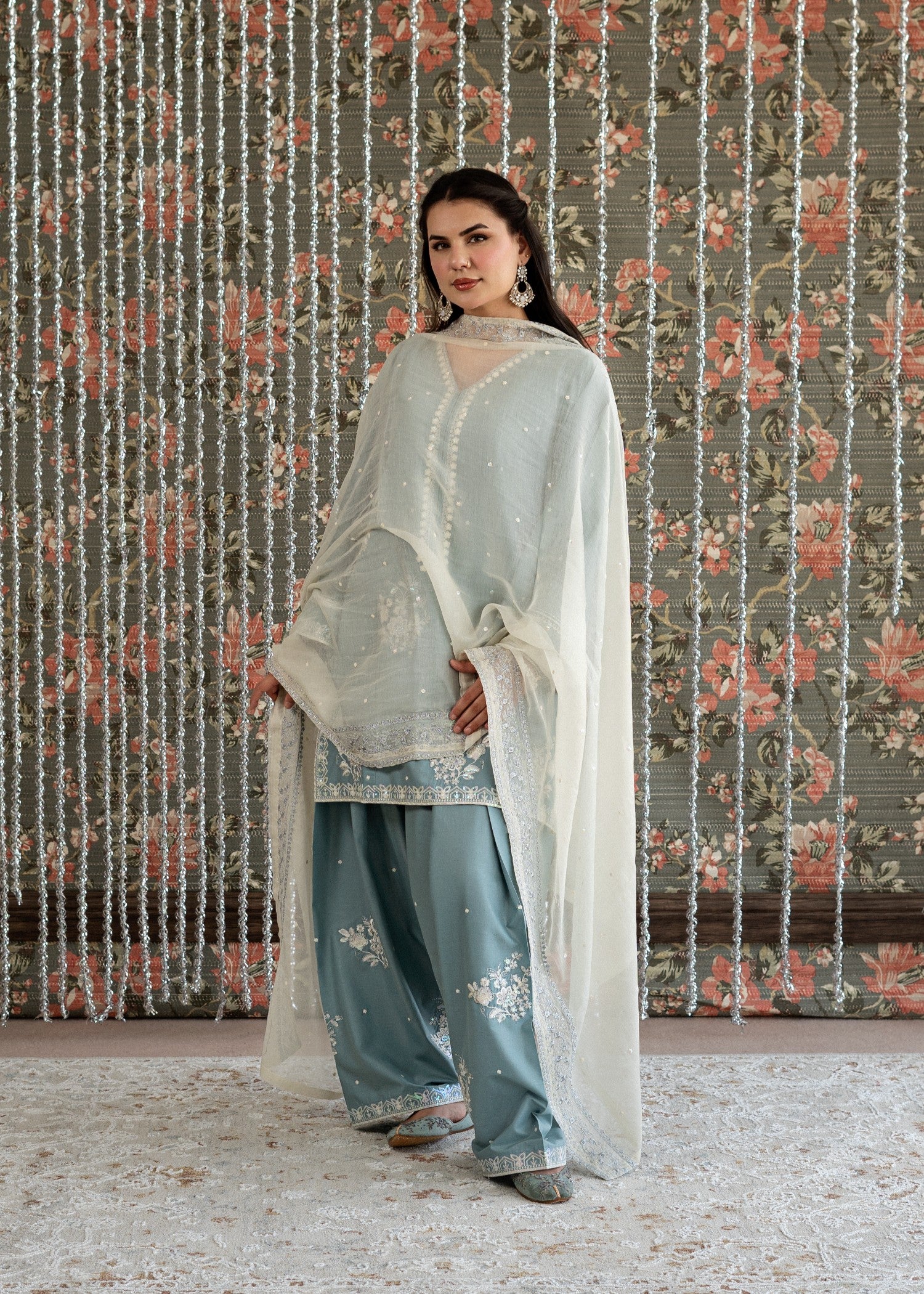 lawn Kurta Set in Off-white, light blue