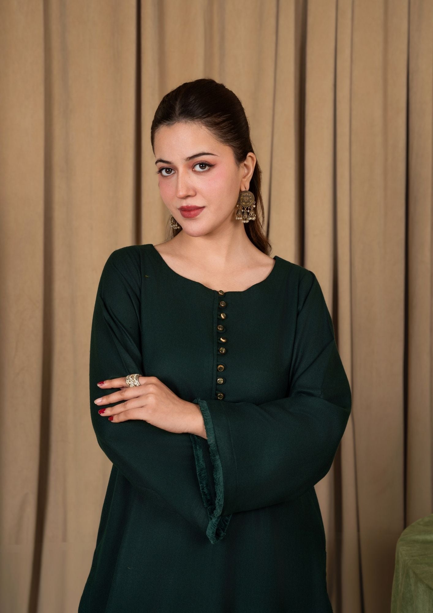 dhanak wool Kurta Set in Bottle green