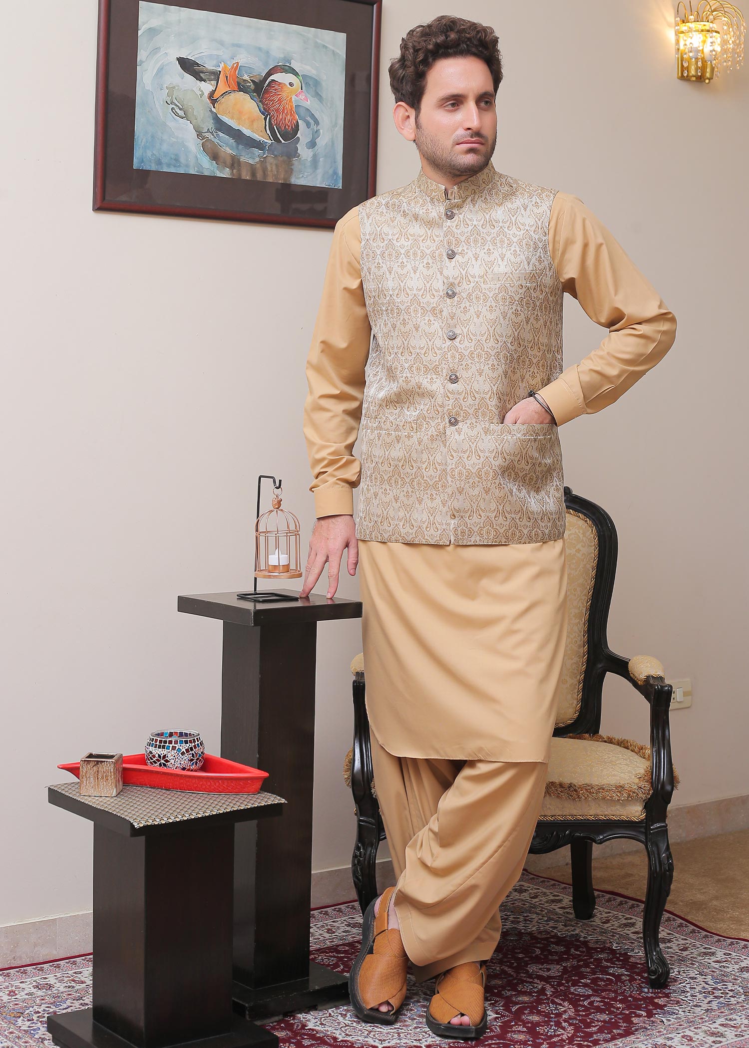 banarsi silk Waistcoat in Beige