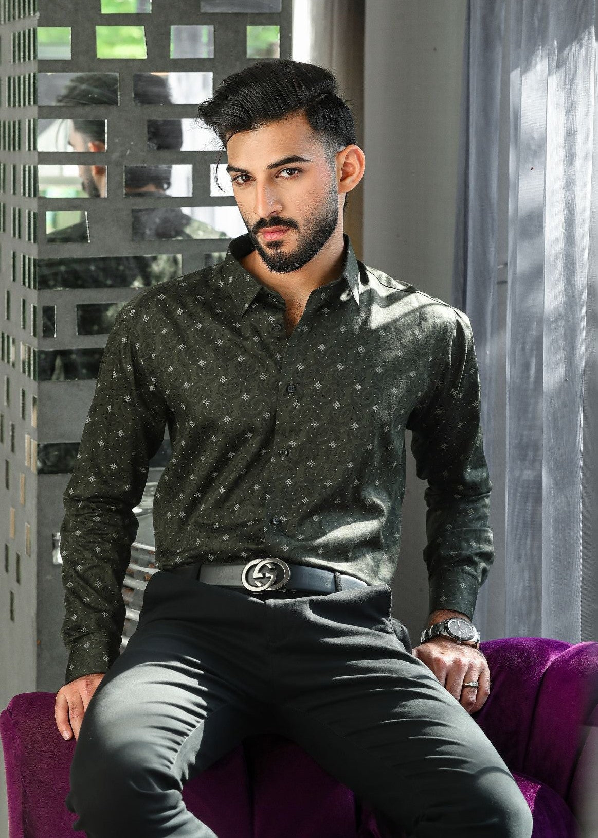 cotton Casual Shirt in Dark green