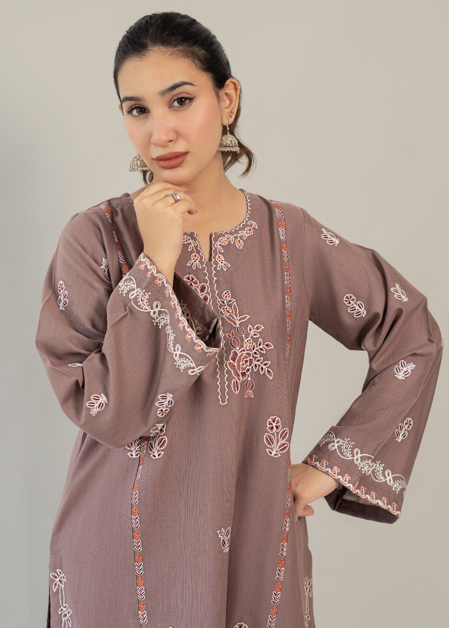 slub khaddar Kurta Set in Red, mauve
