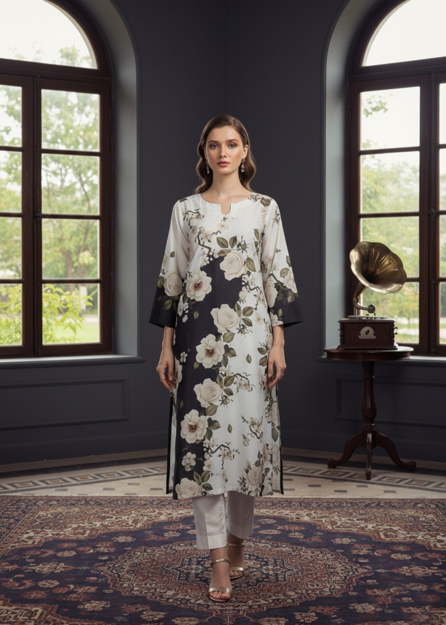 poly lawn Kurta Set in Multi, jet black