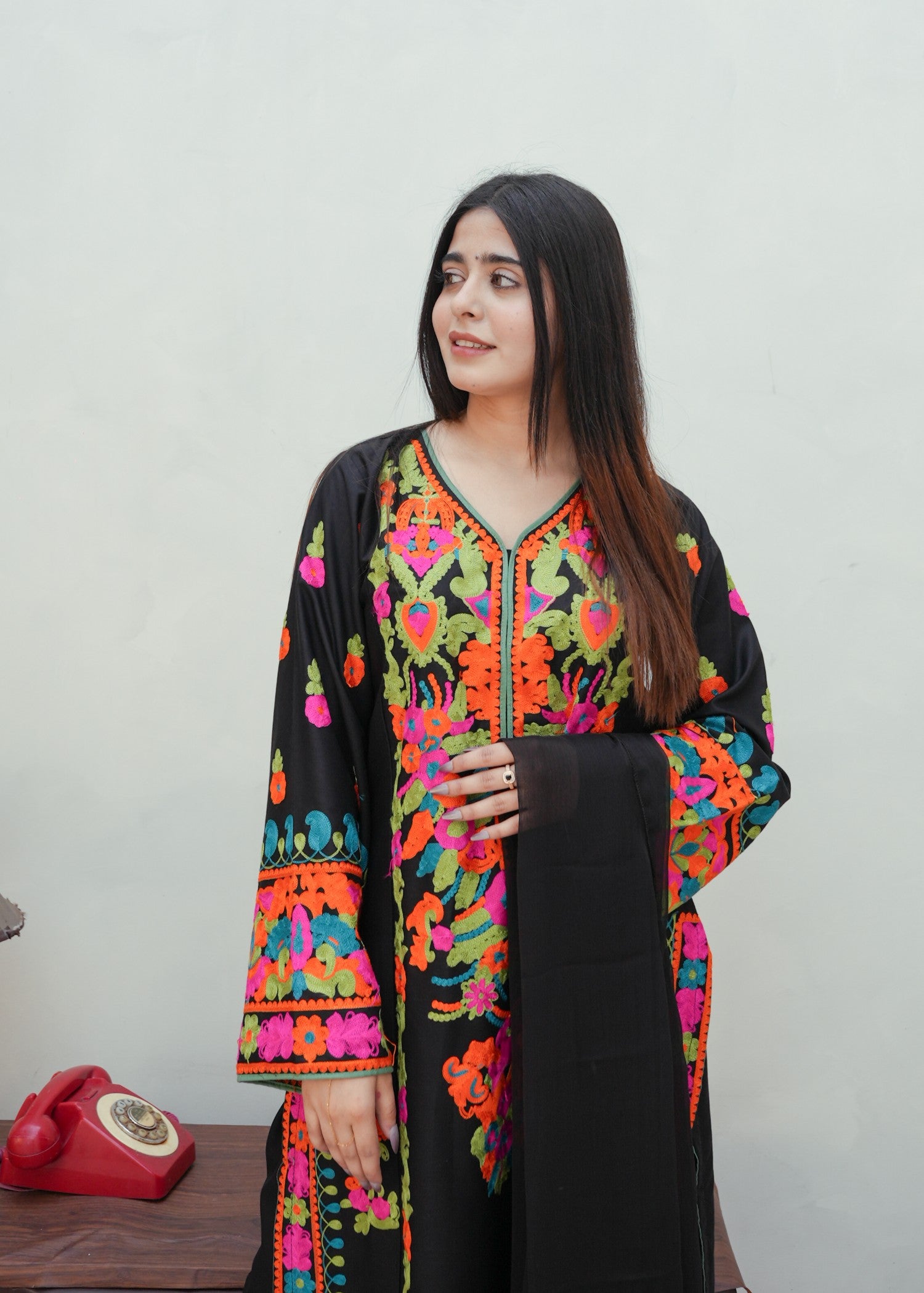 cotton Kurta Set in Black, multi
