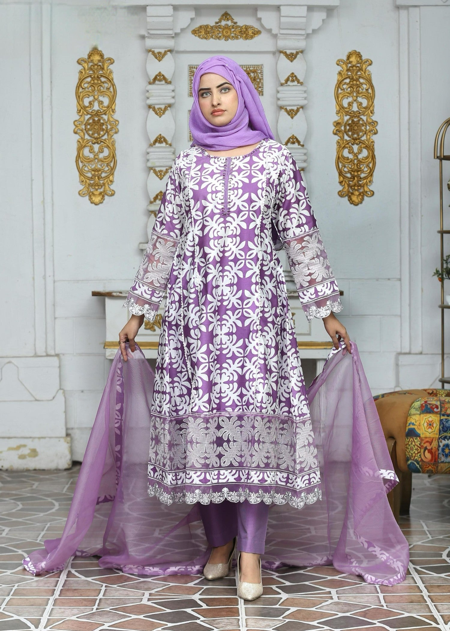 khaddi net Pishwas in Lilac