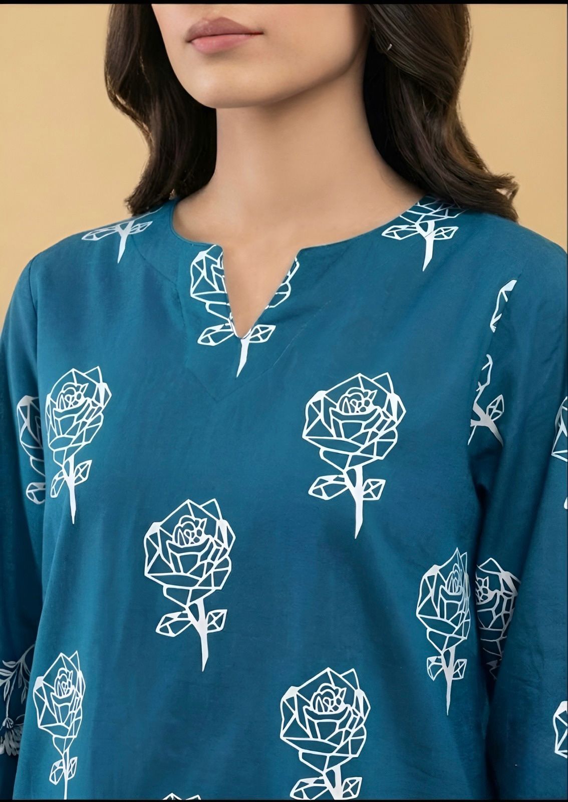 linen Kurta Set in Teal, off-white
