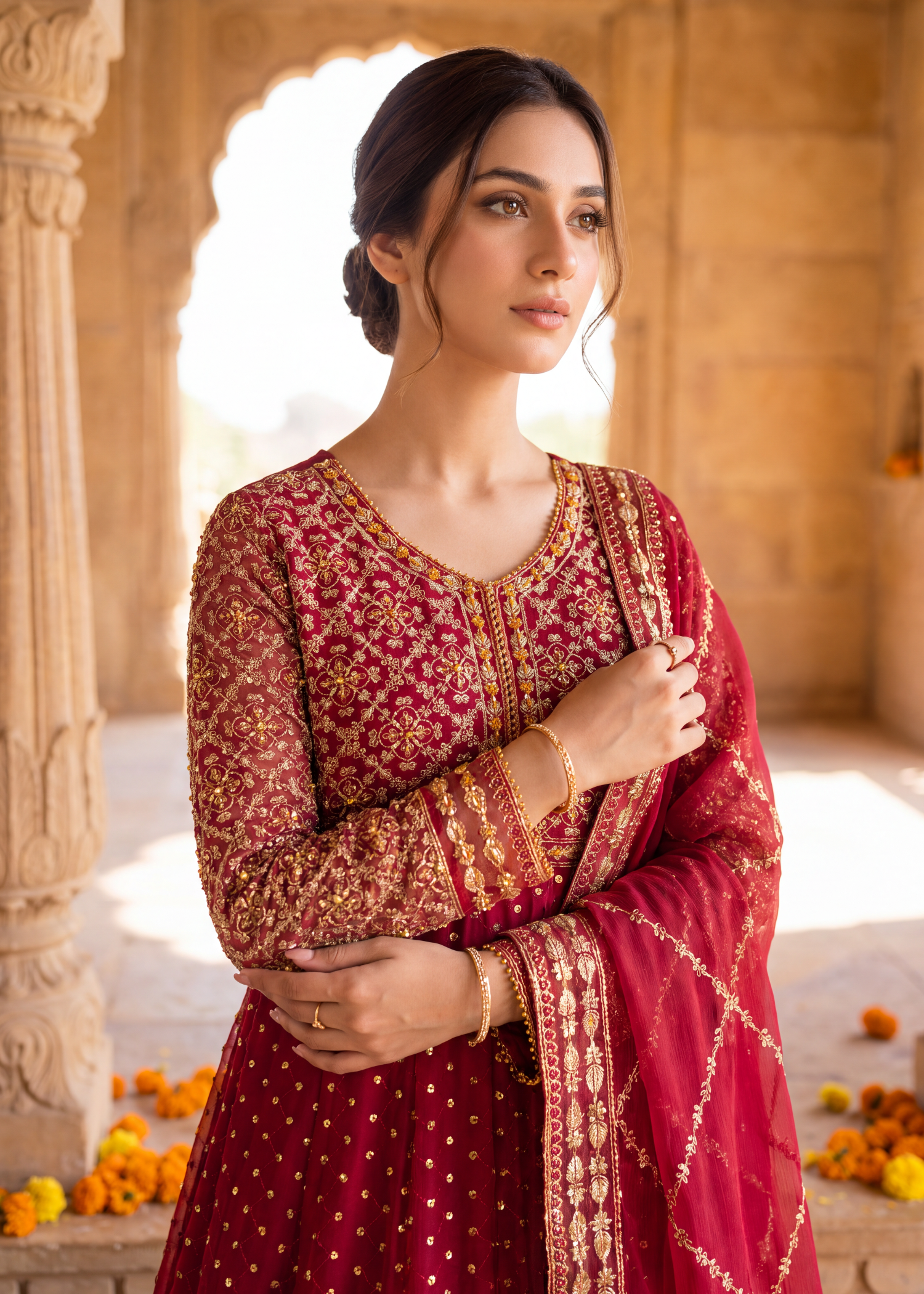 chiffon Pishwas in Crimson