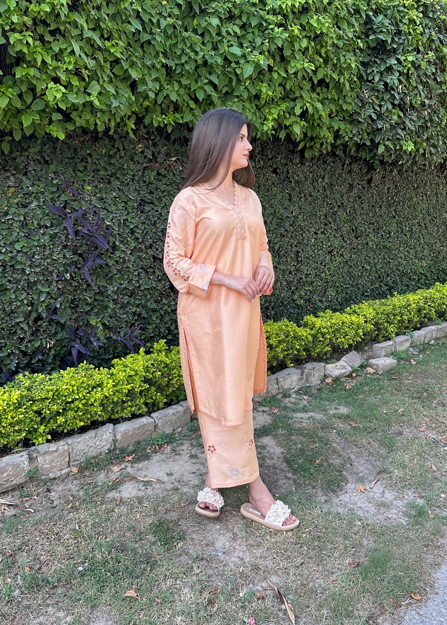 arabic lawn Kurta Set in Peach orange