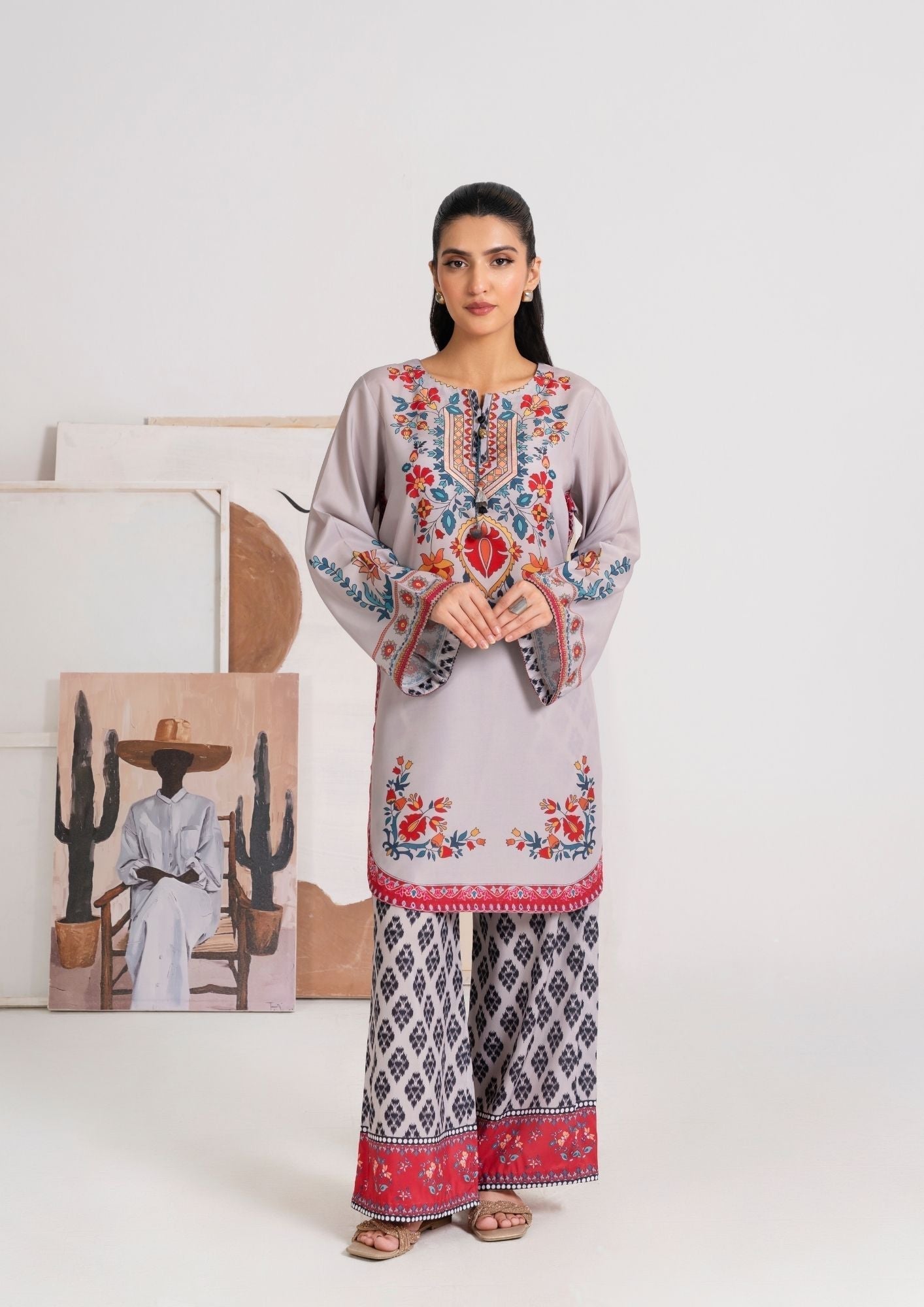 swiss cotton Kurta Set in Grey