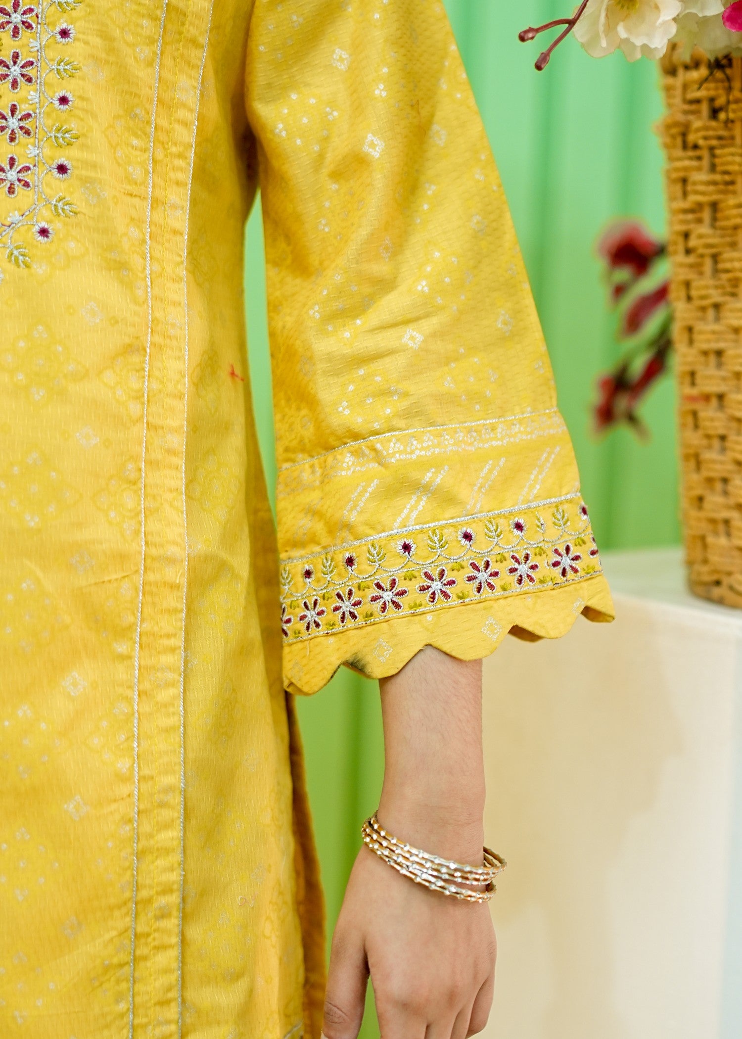 cotton jacquard Kurta Set in Yellow